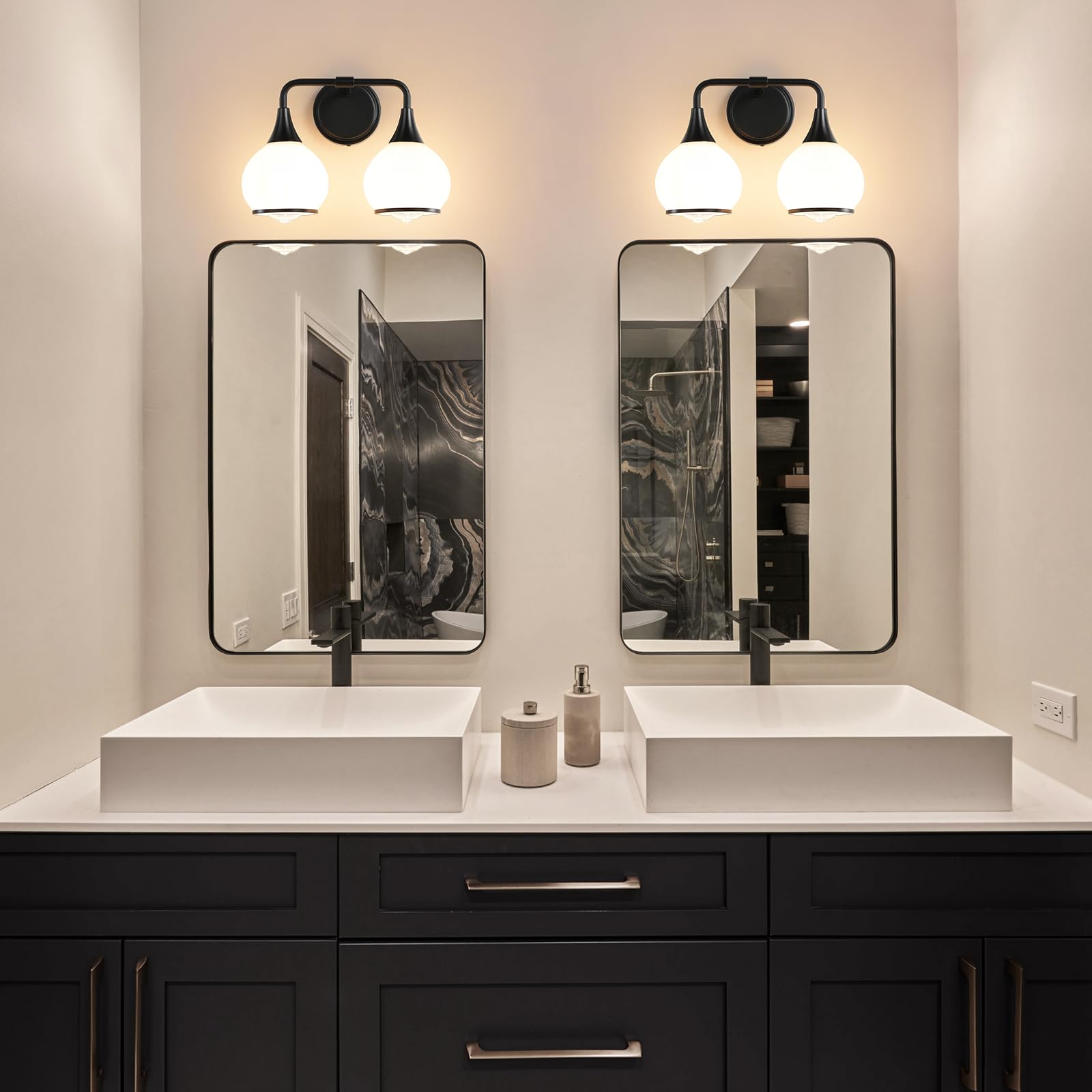 Hahzt 2 Light Black Bathroom Vanity Light Fixtures With Milky White Frosted Glass Shade, Model 8033Ml, Wall Sconce Lighting