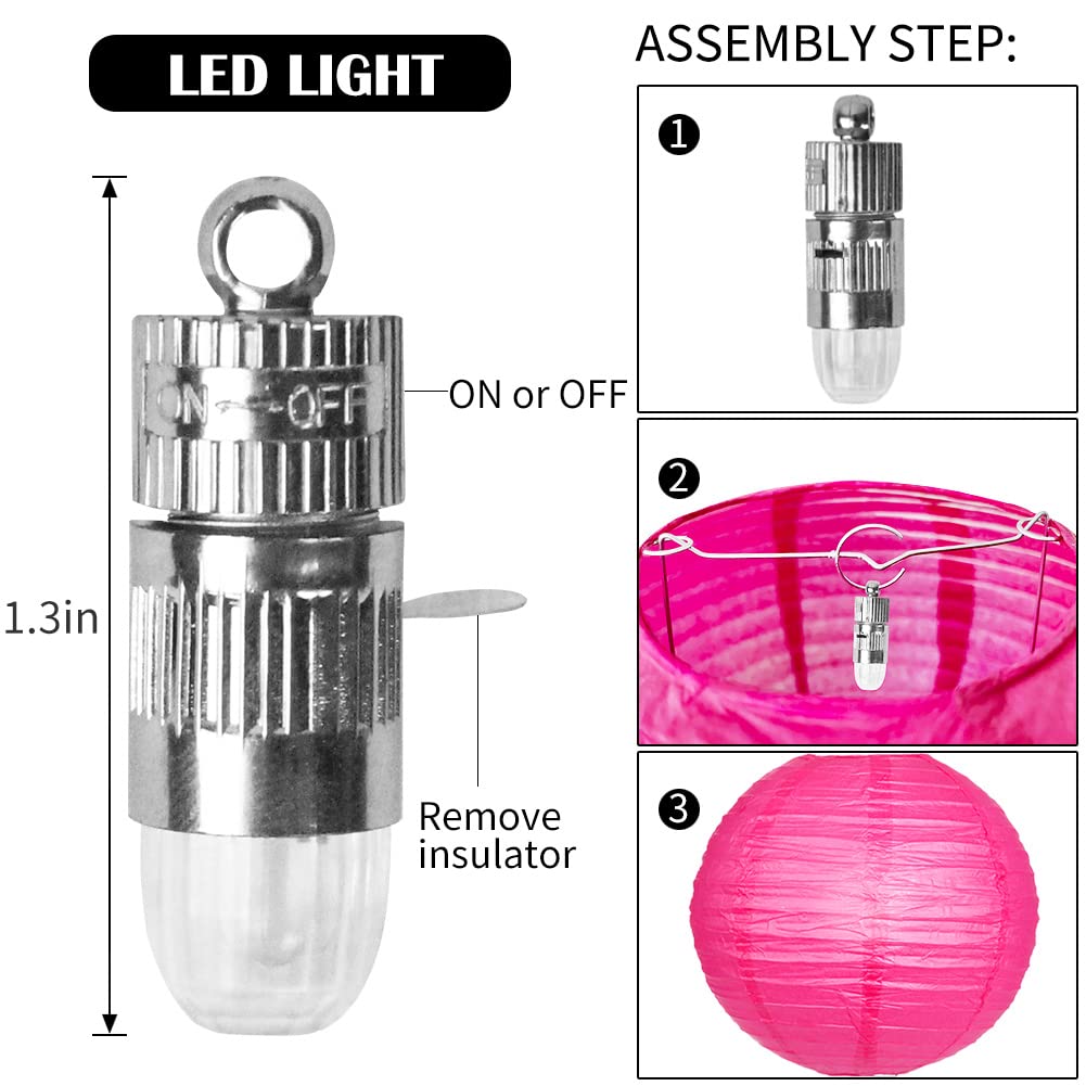 YUNXUAN Paper Lanterns, Pink Hanging Round Chinese Lanterns with 12 LED Lights, Model YX1034, Pack of 12
