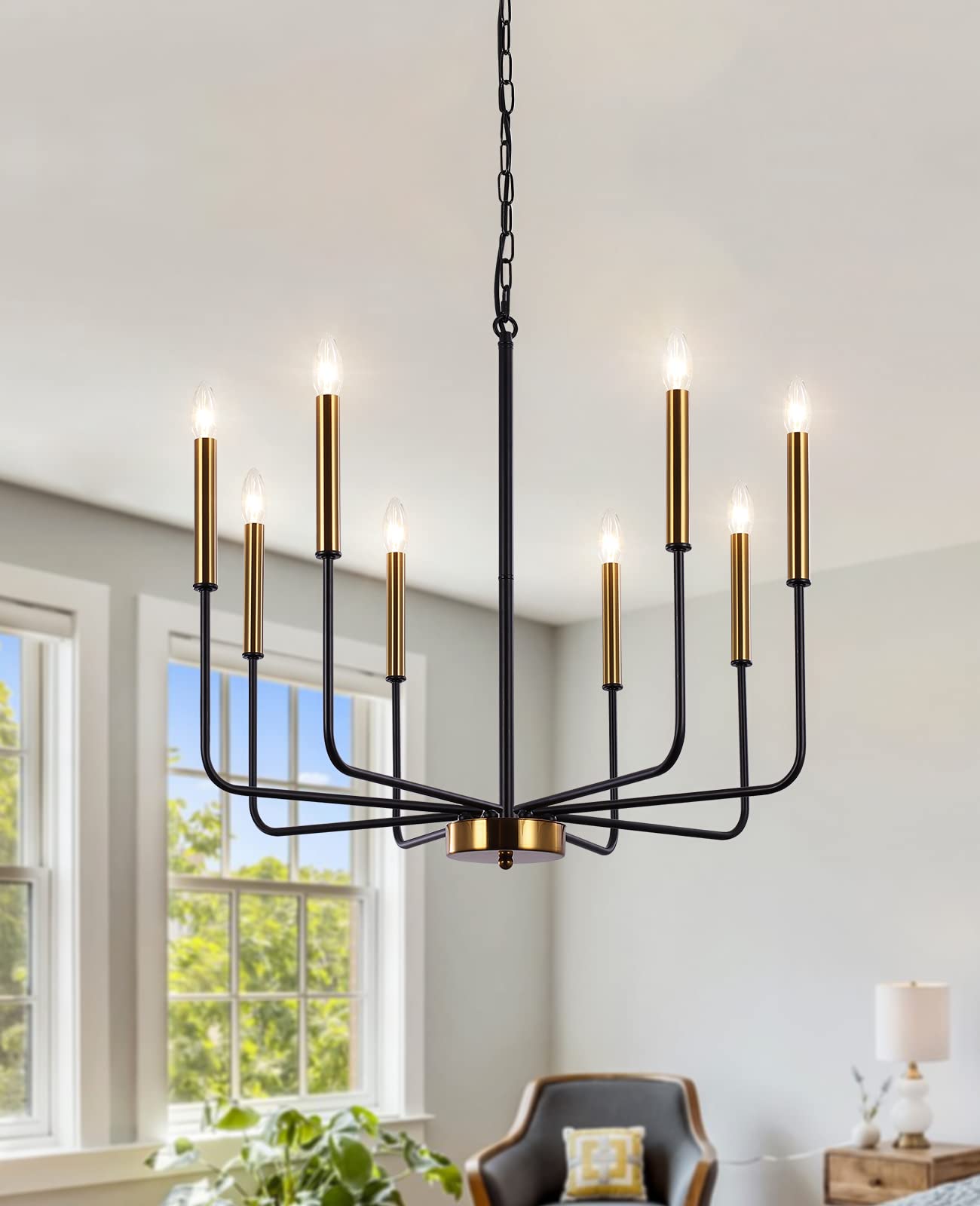 LASENCHOO 8 Lights Farmhouse Chandelier  Black and Gold Modern Chandelier  Classic Candle Pendant Lighting for Kitchen Island Living Room Bedroom Foyer Entryway Dining Room Hanging Lighting Fixtures