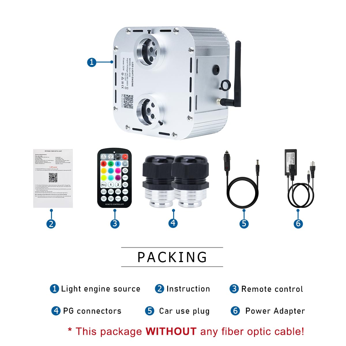 AKEPO Fiber Optic Light Engine, 32W Dual-Head, Twinkle + APP Control + Music Activated, RGB, Model QJ-L032