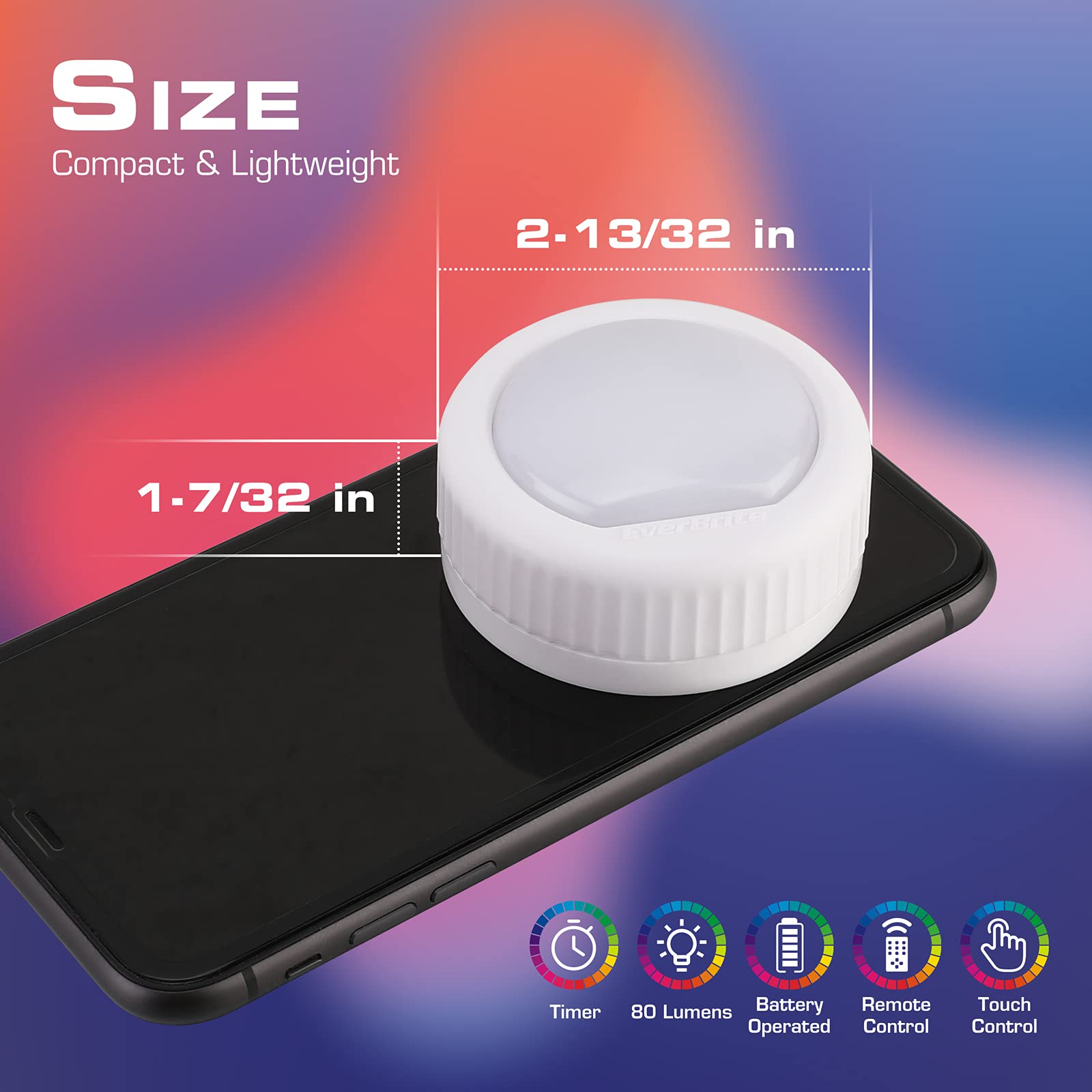 EverBrite LED Puck Lights, 12 RGB Colors, Wireless Touch Light, 80 Lumens, Includes 18 AAA Batteries, 6-Pack