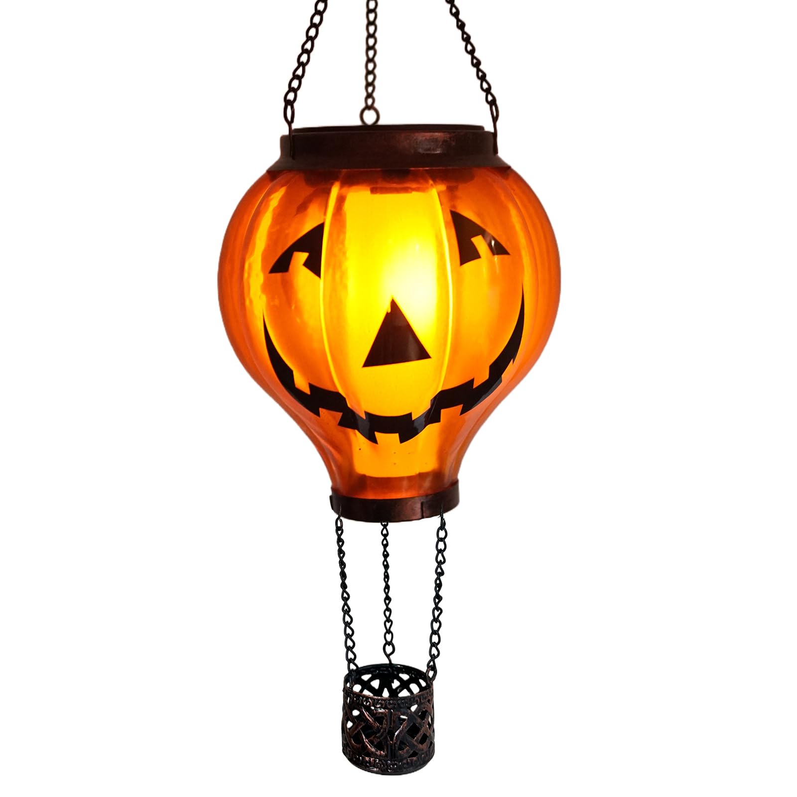 Halloween Outdoor Decorations Hot Air Balloon Solar Lantern with Flickering Flame, Hanging Outdoor Lanterns with Pumpkin Jack-O-