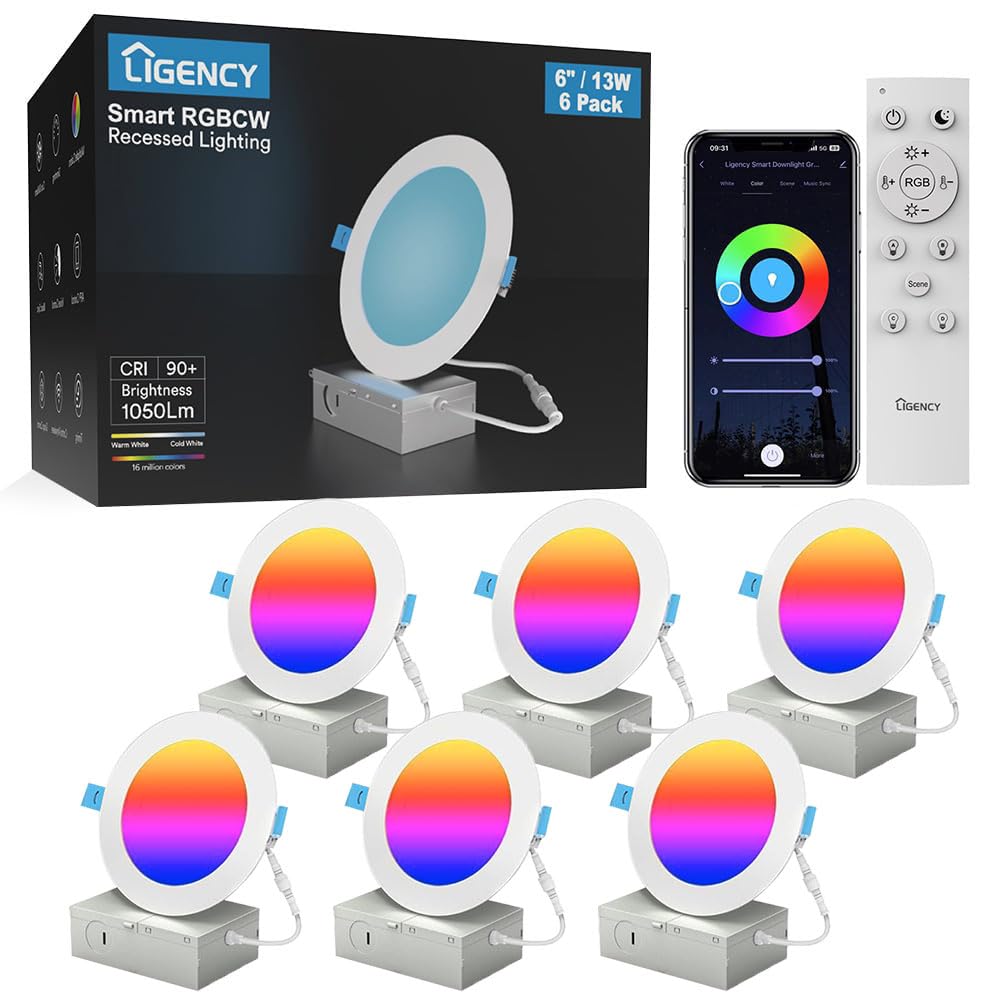 Ligency 6-Pack 6 Inch Smart Recessed Lighting, 13W 1050LM Ultra-Thin Canless LED Downlight, RGBW Color Changing Wi-Fi Ceiling Li