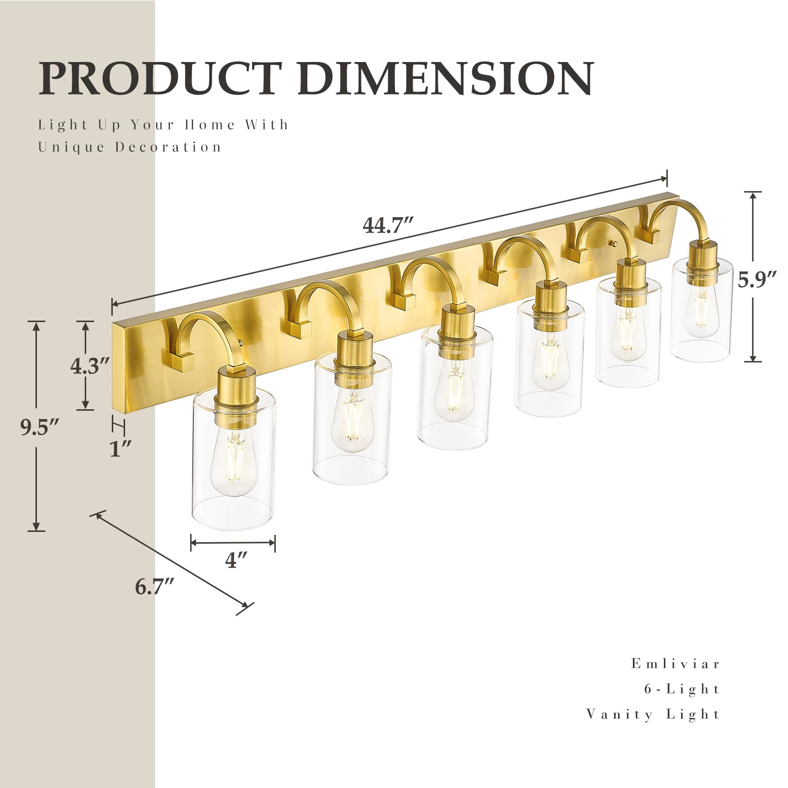 Emliviar Large 6-Light Vanity Lighting For Powder Room  44.7 Inch Wall Lamp Over Mirror With Clear Glass Shade  Brushed Gold Finish  Yce237B-6W Bg