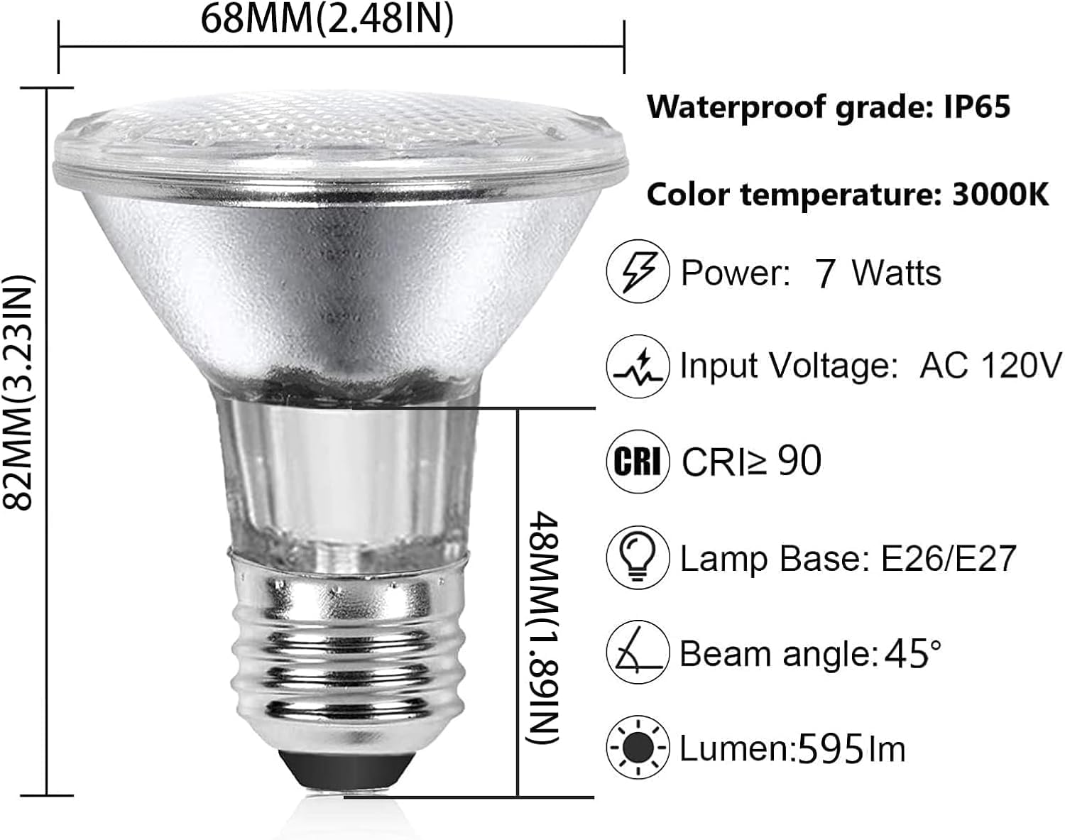 LPSAFP PAR20 7W LED Light Bulbs, Dimmable 3000K Warm White, Waterproof IP65, 595lm, E26 Base, 2 Pack