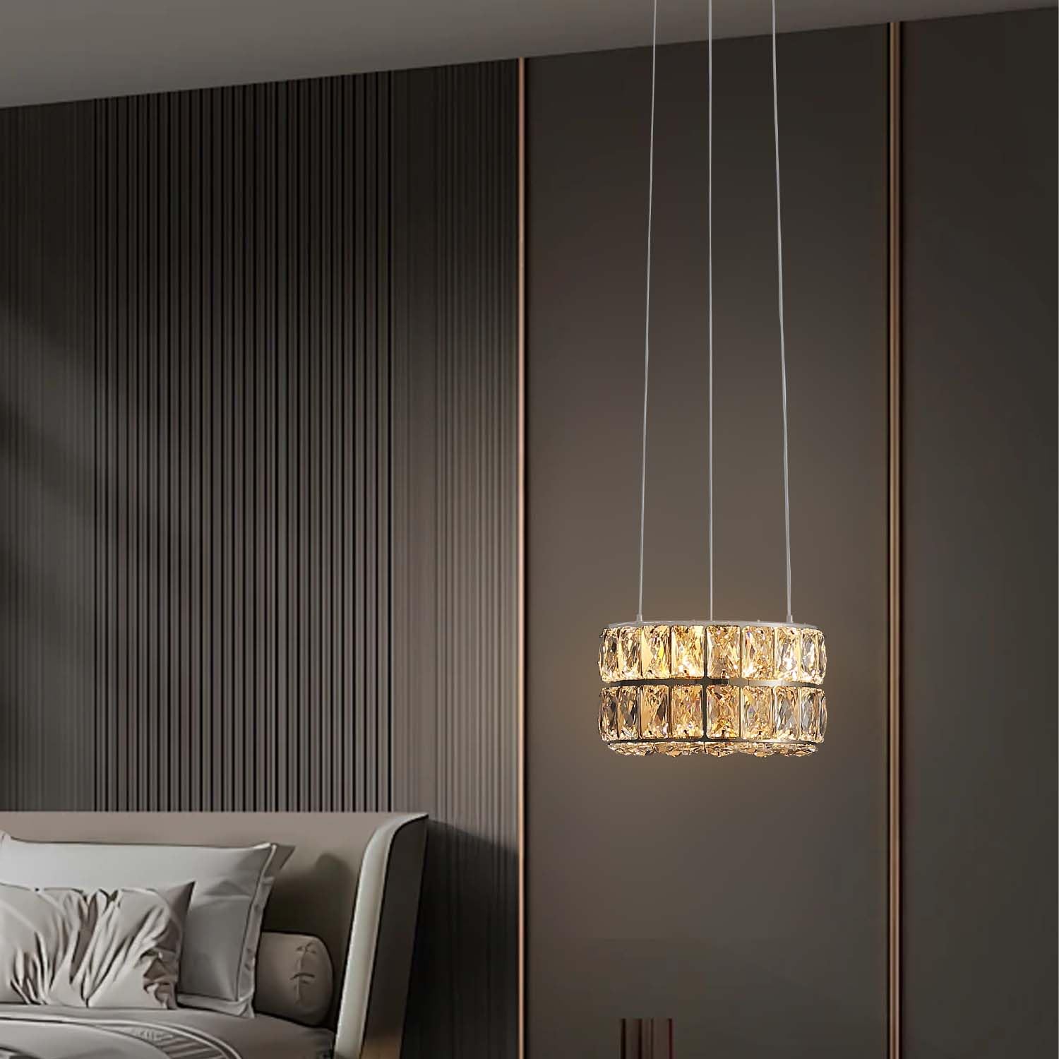 IDEQUY Modern Crystal Chandelier, Dimmable LED Pendant Light, 11.8" Silver, Stainless Steel & Crystal, Model CF8024-30Y