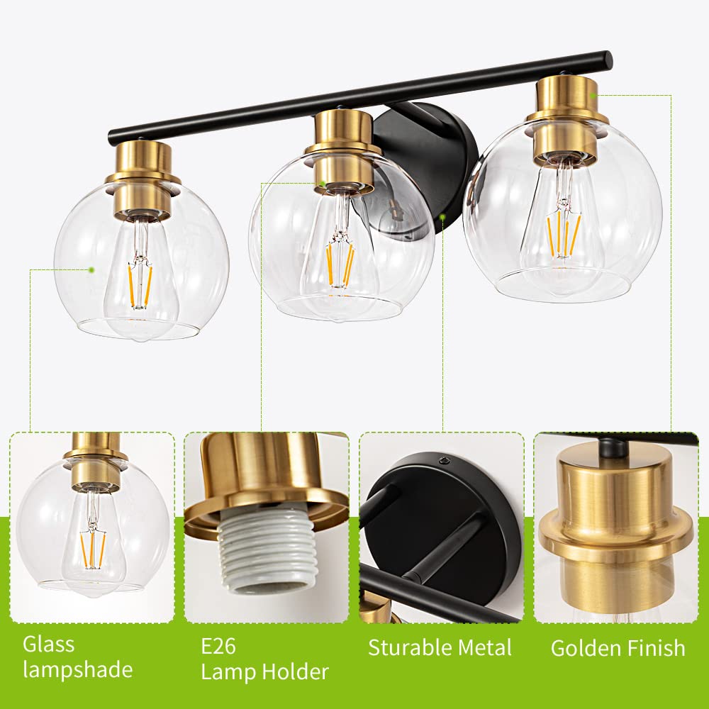 Lanmate 3-Light Black And Gold Bathroom Vanity Light Fixture With Glass Shades, Industrial Wall Sconce