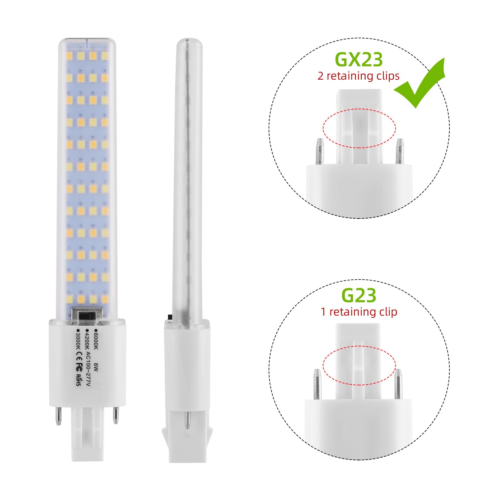 Lidesheng Gx23 Led Light Bulb 6W Replacement 13W Cfl Led Stick Pl Bulb Gx23-2 Pin Base, 3 Color Selectable 3000K/4200K/6000K 360