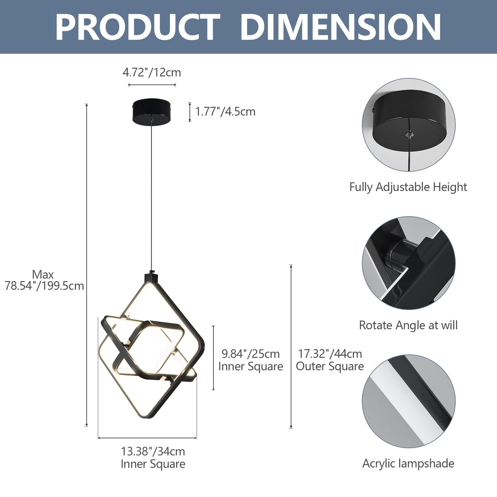 Bnhhlz Modern Led Pendant Lights Plated Black Rectangular Pendant Light Fixtures 4000K 35W Dimmable Pendant Lighting For Dining Room Kitchen Island Bedroom Living Room Foyer(3-Ring)