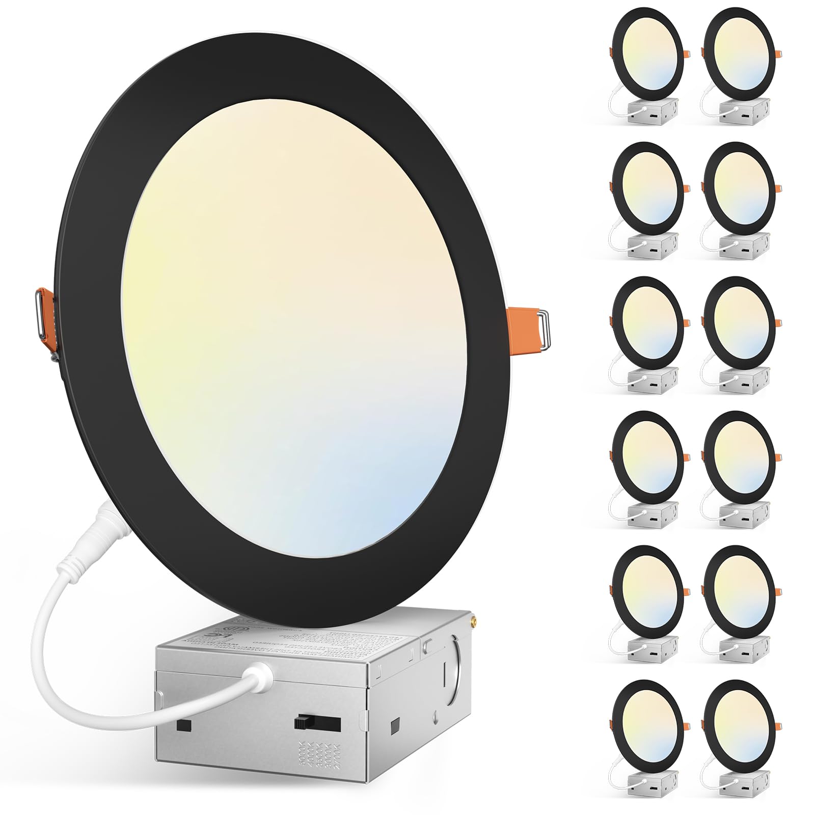 Amico 12 Pack 7 Inch 5CCT Ultra-Thin LED Canless Recessed Ceiling Light with Junction Box, 2700K/3000K/3500K/4000K/5000K Selecta