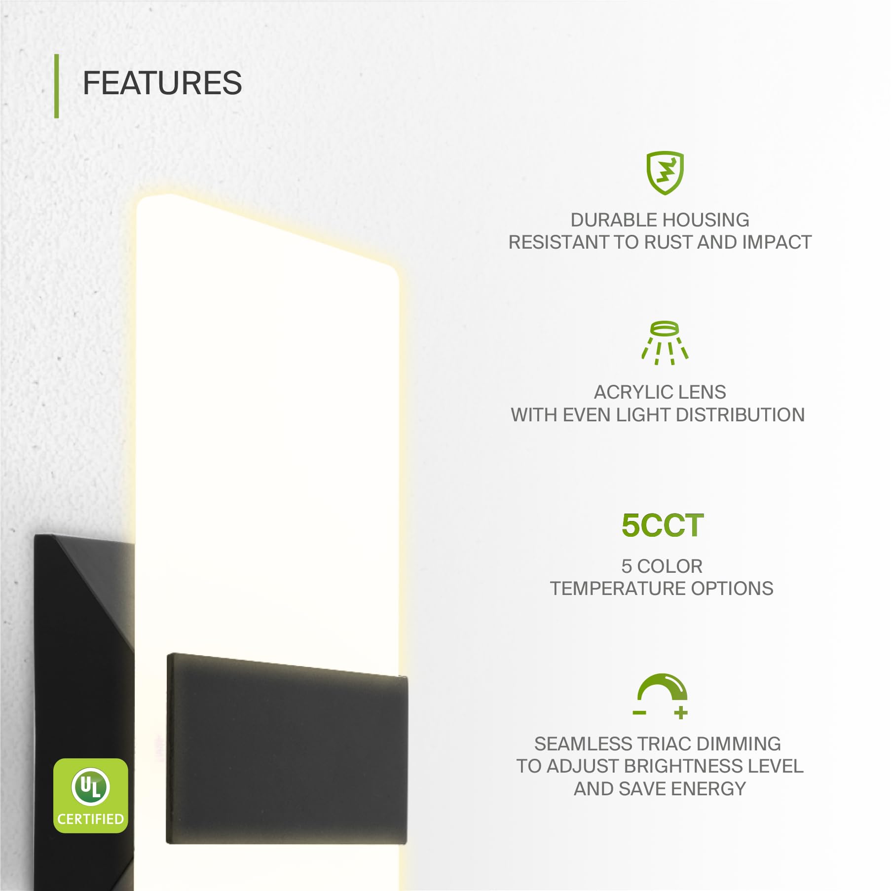 ASD 12 Inch LED Wall Sconce - Adjustable Dimmable Light Fixture, Acrylic Glass, Matte Black, Model A-LWS12-12D12ACBK