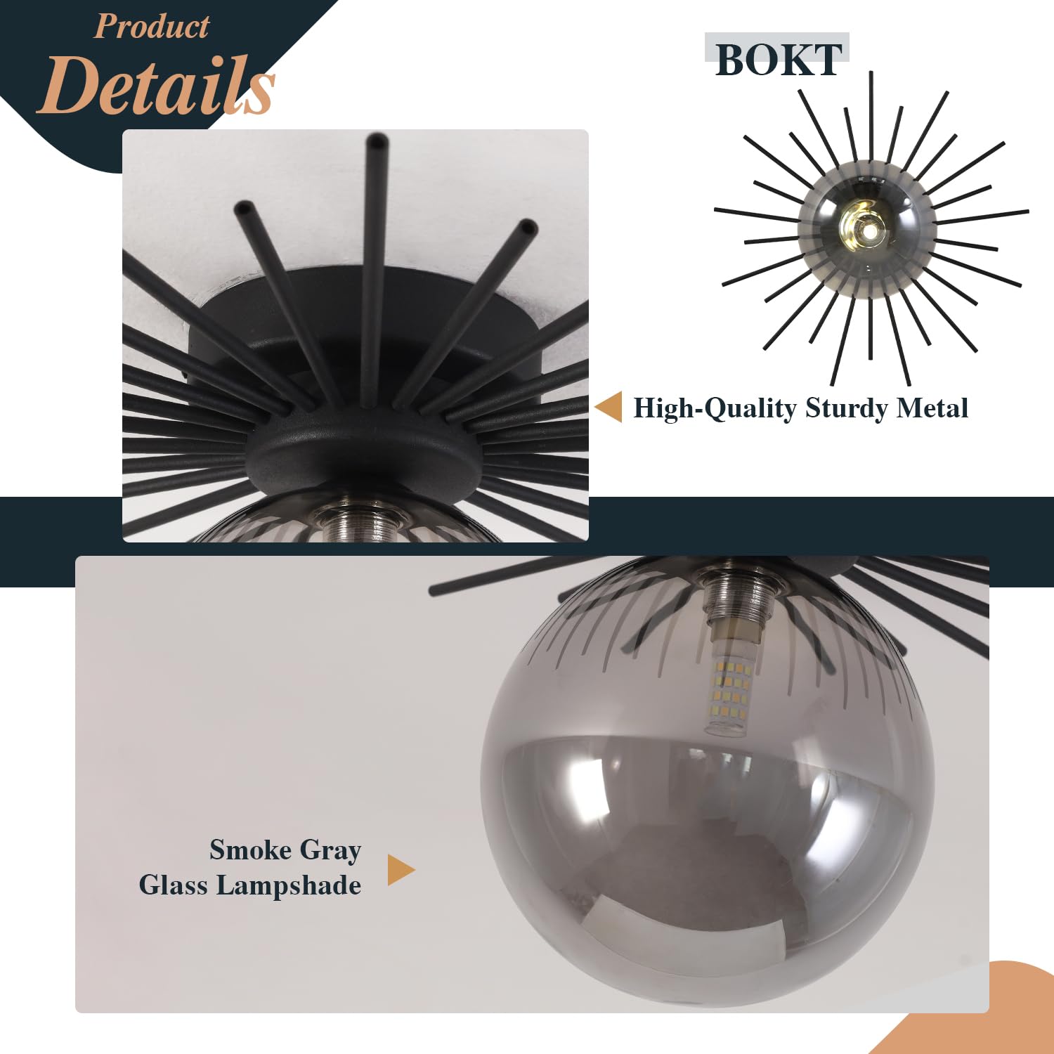 Bokt Globe Semi Flush Mount Ceiling Light Fixture Smoke Gray Glass Ceiling Light Vintage Hallway Light Fixture Black Close To Ce
