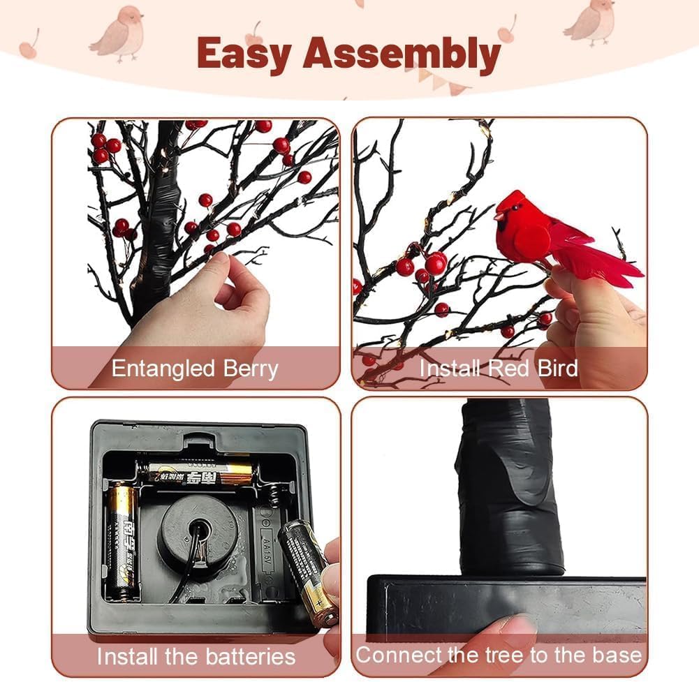 Vintage Glowing Tree With Cardinals  Vintage Glowing Tree  Operated By Battery Twinkle Trees Lamp With Lighted Branches  For Halloween  Christmas-No Batteries