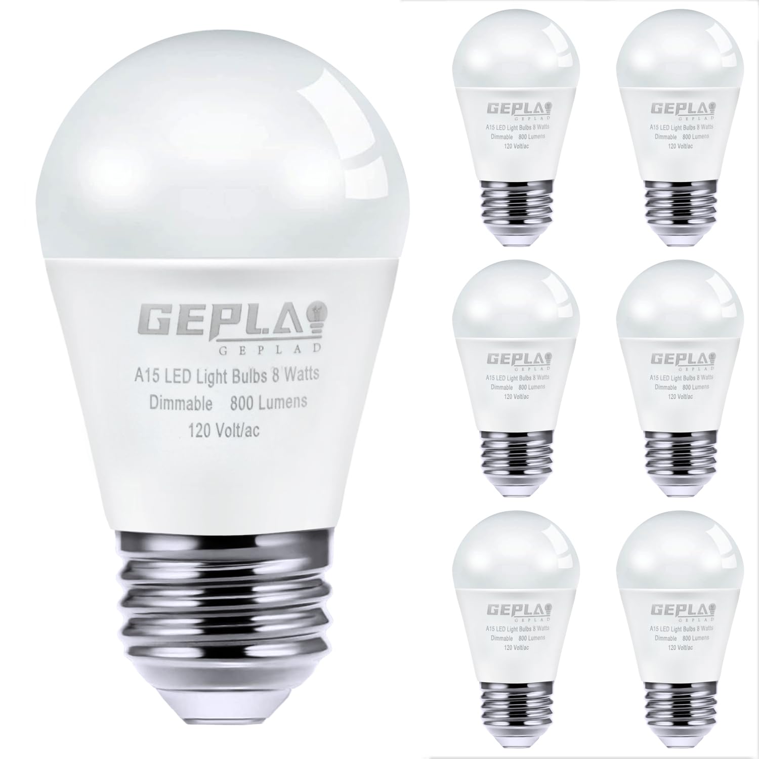 GEPLAD 6 Pack A15 Light Bulb Dimmable 60W Equivalent, 8W LED Waterproof Refrigerator Bulbs,5000K Daylight, 800 LM, E26 Medium Base,for Indoor and Outdoor, Ceiling Fan, Wall sconces,Appliance Bulb