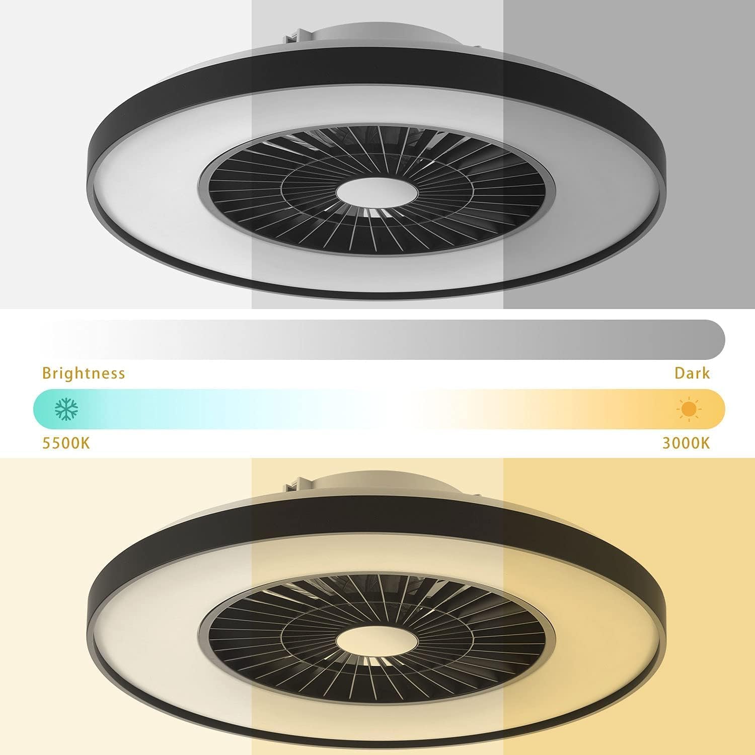 BKZO Smart LED Ceiling Light with Fan, RGB, 60CM, Black, Model 323115-7-RGBCW, Stepless Dimming, Alexa Compatible