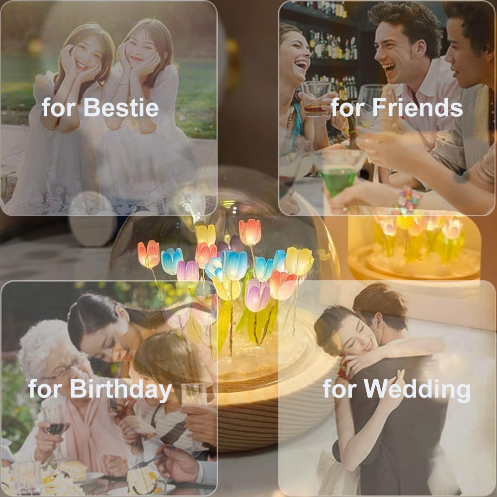 (20 Flower) Assembled Tulip Lamp Night Light With Glass Dome, Cool Handmade Artificial Flower Table Lamp Bedroom Desk Decoration