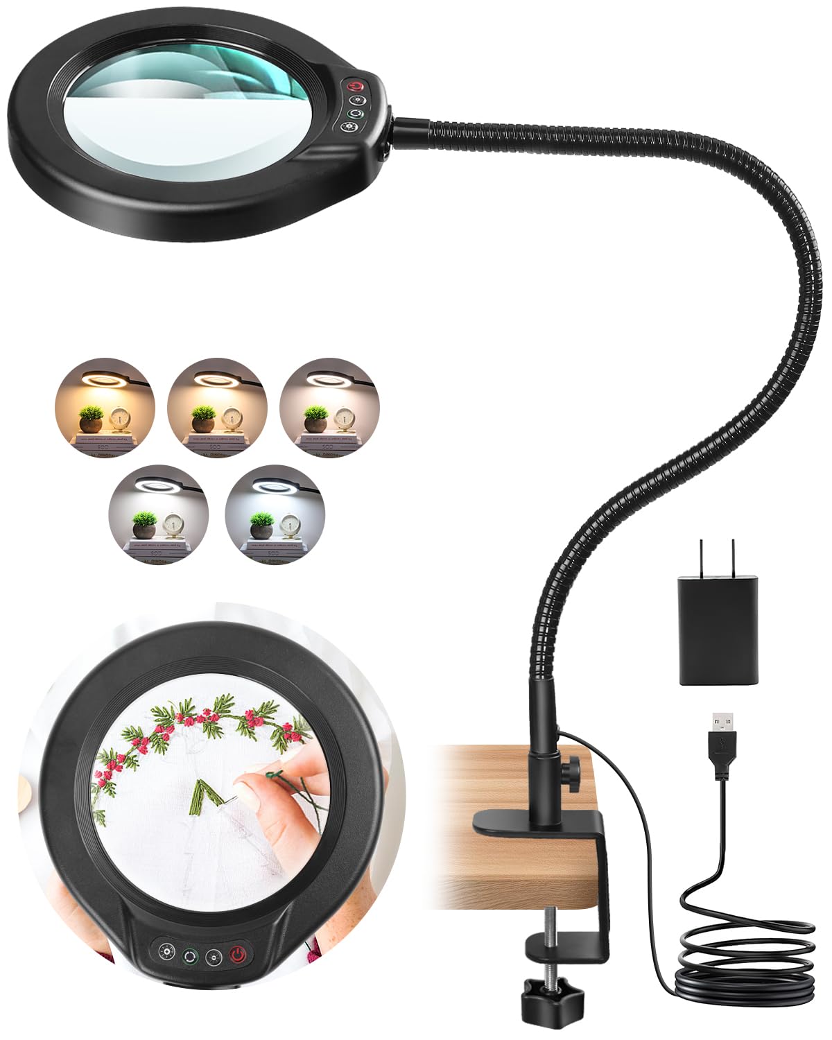 IVMAIE 10X Magnifying Glass with Light and Clamp, 5 Inch Real Glass Magnifying Desk Lamp with Stand, Long Gooseneck, 5 Color Mod