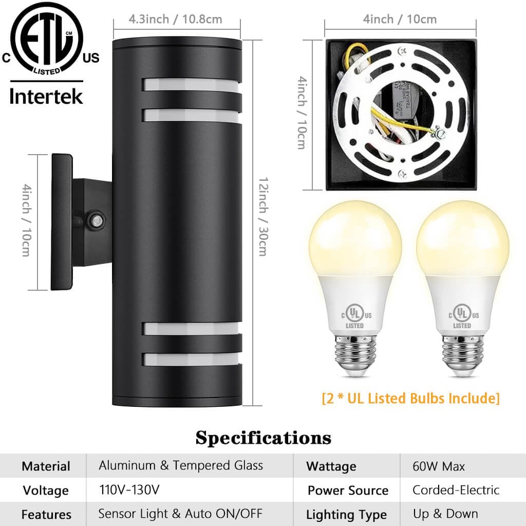 Kizon Outdoor Wall Lights With Dusk To Dawn Sensor, Etl Listed Cylinder Outdoor Light Fixture Wall Mount, Matte Black Porch Ligh
