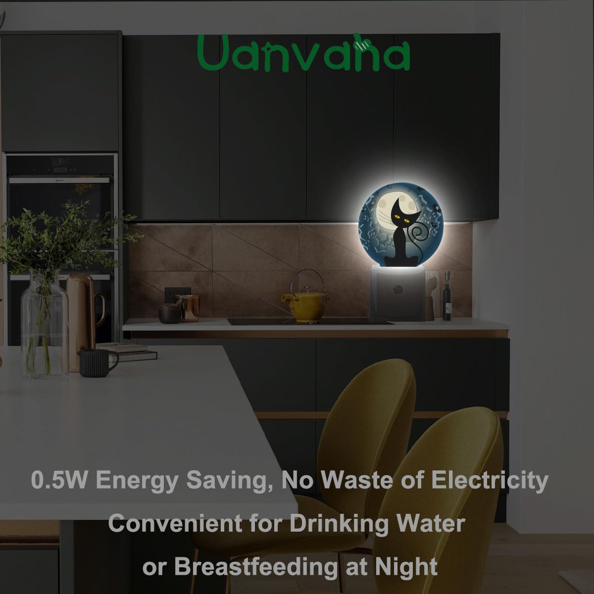 Uanvaha Plug In Fantasy Funny Cat Night Light Full Moon Bats Black Cat Fun Animal Night Lamp Auto On/Off Dusk To Dawn For Bedroo
