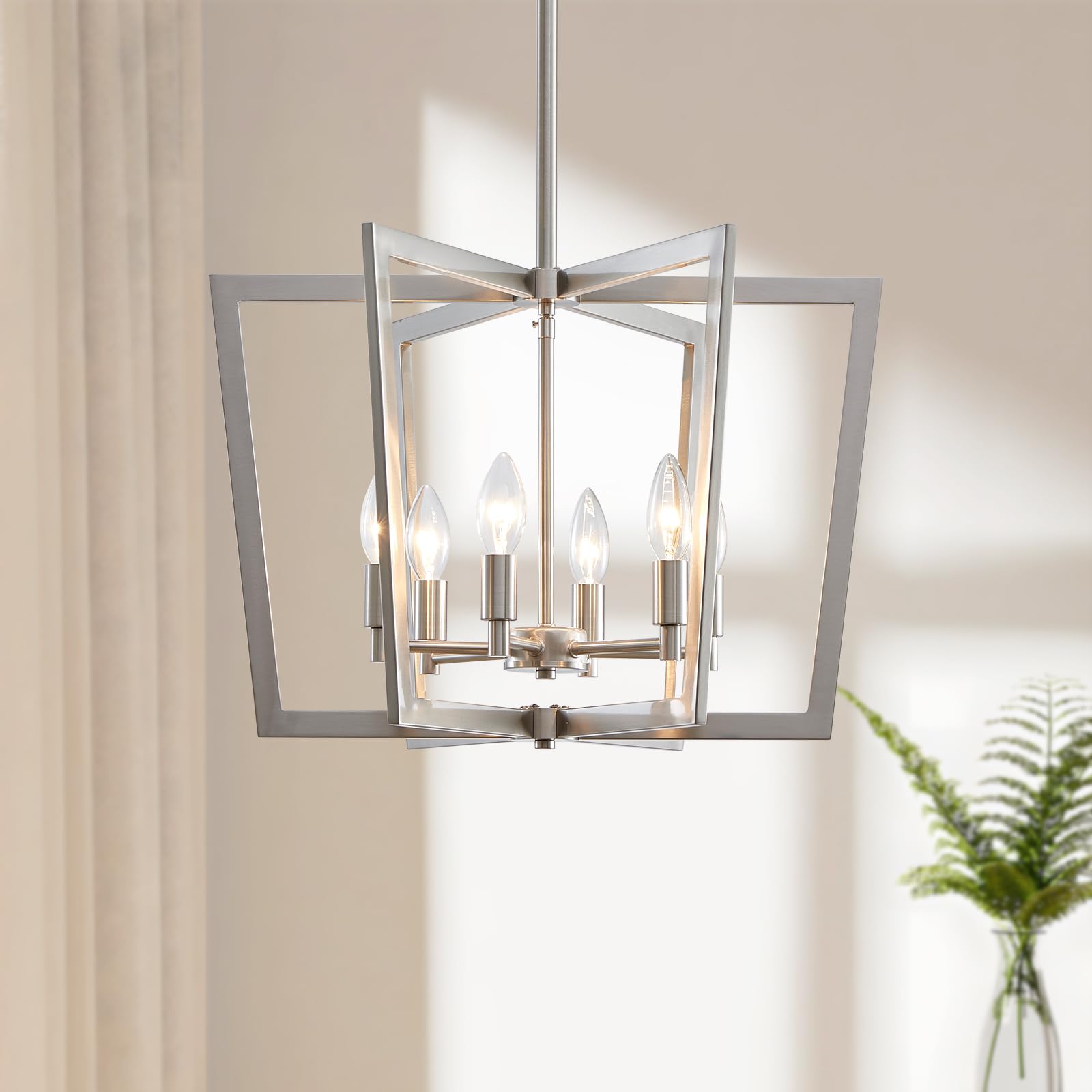 peskoe Brushed Nickel Chandelier, 20 Inch Geometric Dining Room Light Fixture Over Table Metal Modern Chandelier Lighting for Ki