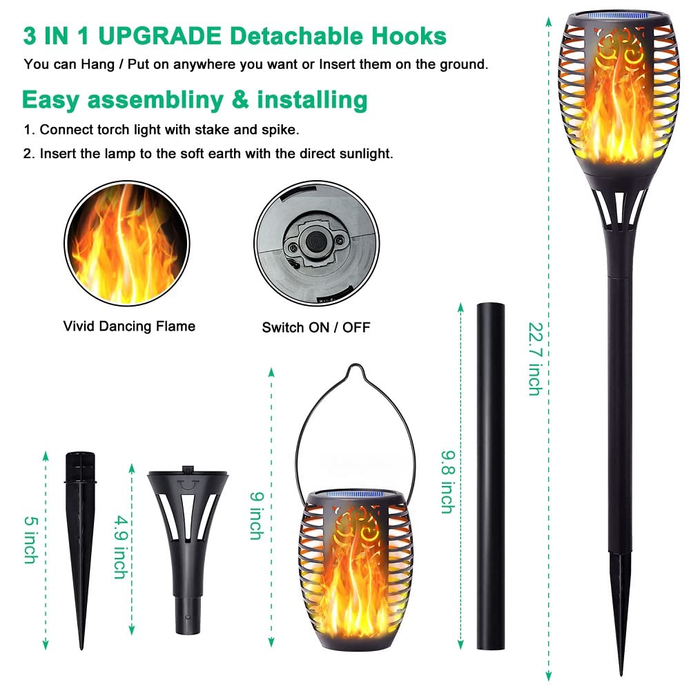 Fitsan 4Pack Solar Torch Light With Flickering Flame, Upgraded 3In1 Solar Lights Outdoor Hanging Lantern, Waterproof Landscape D