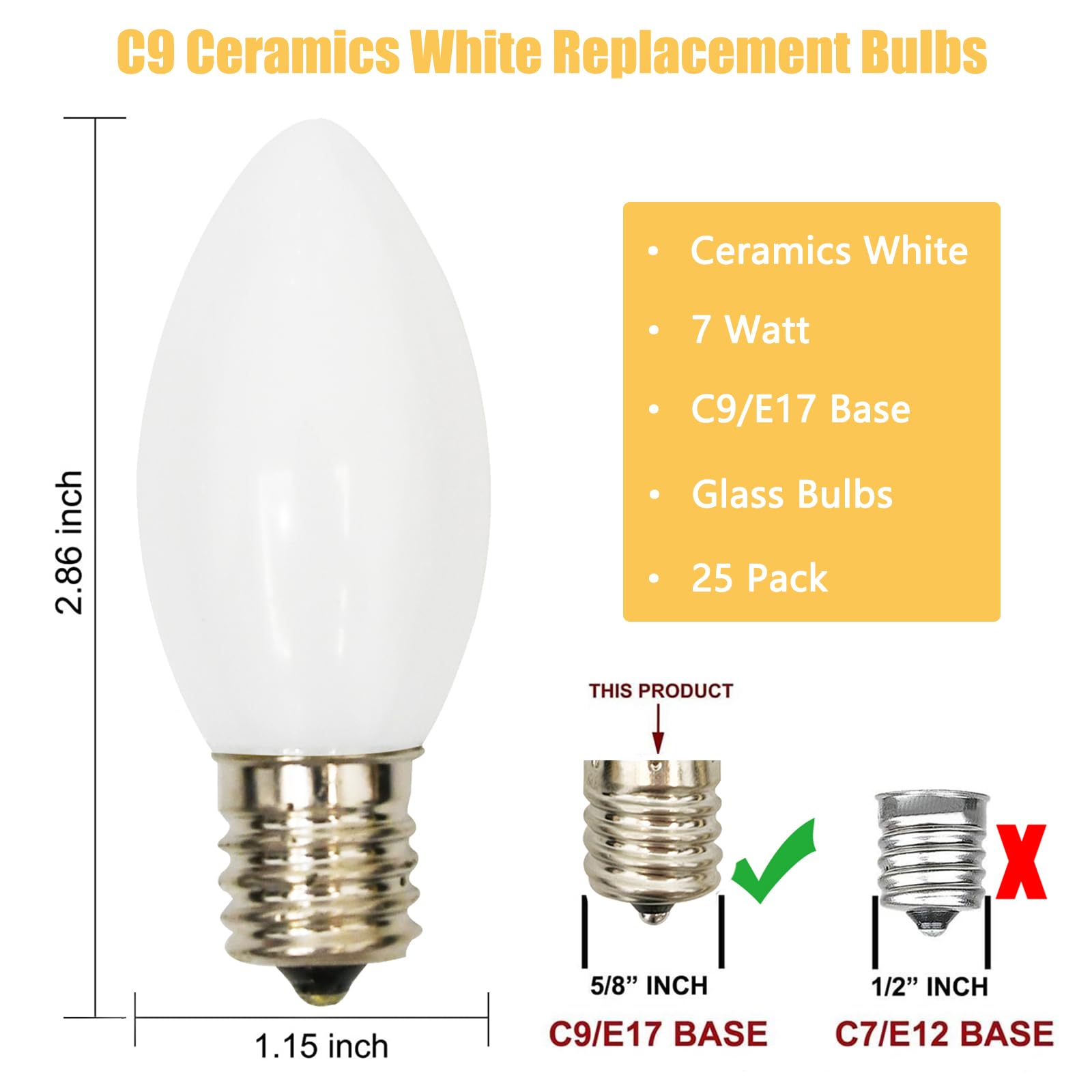 Sunsgne 25 Pack C9 Incandescent Christmas Light Bulbs, 7 Watt Night Light Bulbs For Outdoor String Lights, Candle Lamps, Night L