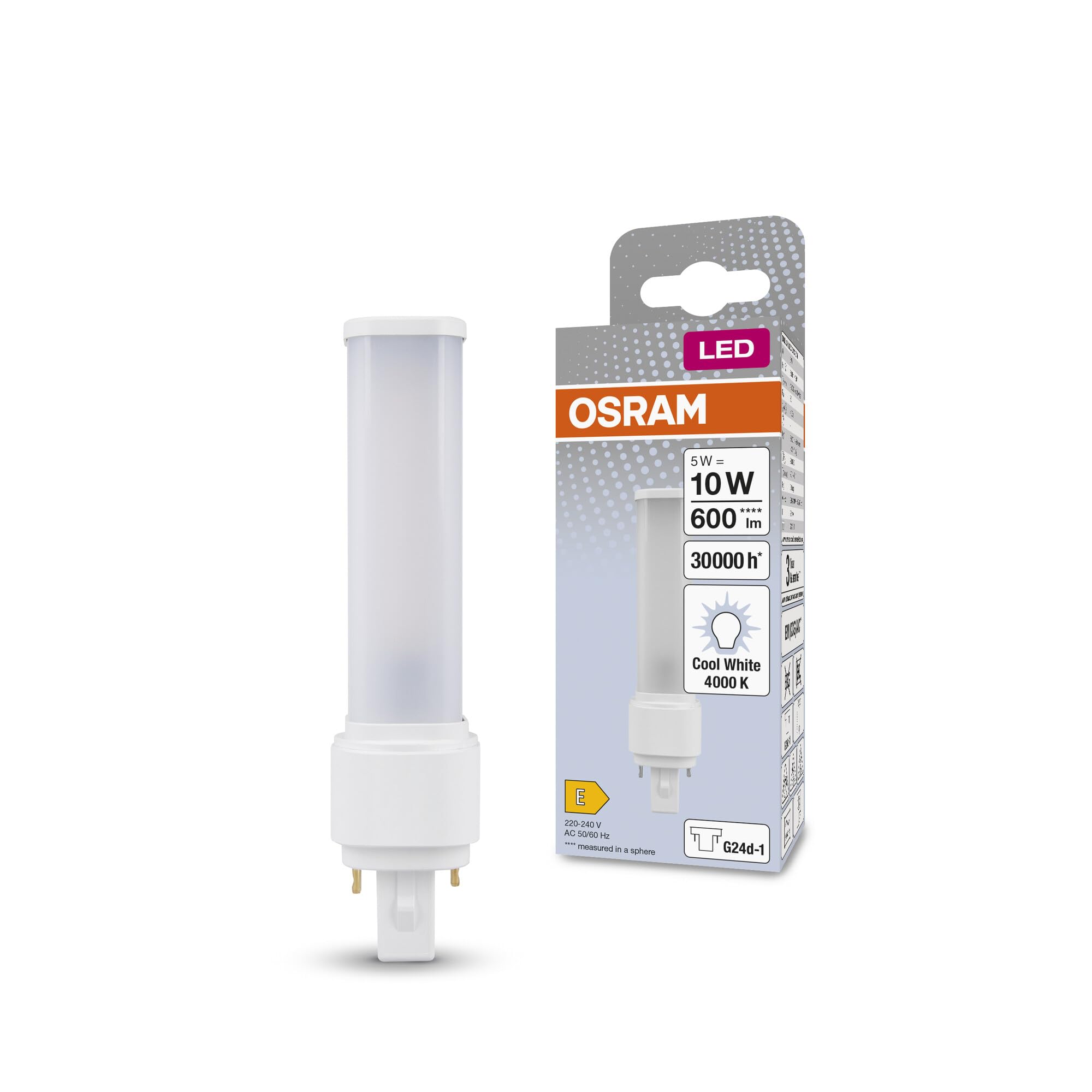 Osram Dulux LED D10 EM, G24D-1, 5W, 600lm, 4000K, Cool White Light Colour, targeted Lighting Thanks to Rotating end Cap, LED Rep