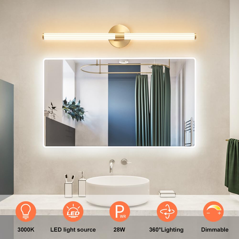 Gednbo 30" Dimmable LED Bathroom Vanity Light Fixture - Modern Gold Wall Sconce, 360° Full Lighting for Mirror, Metal Construction