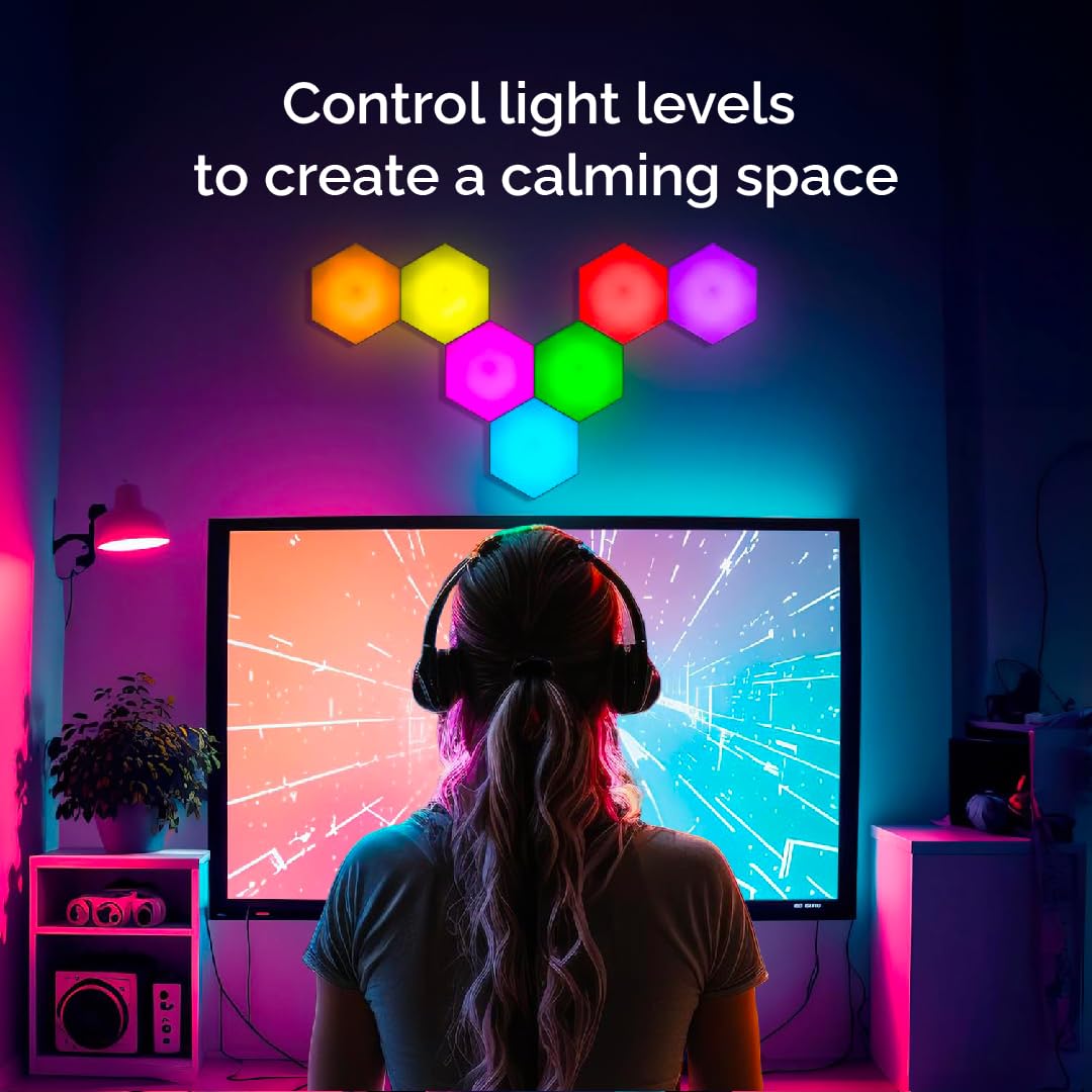 Emberela HEXlights 7-Pack RGB Hexagon LED Wall Panels - Touch & Remote Control, Plastic, Game Room Decor, Model ESEMHL-7
