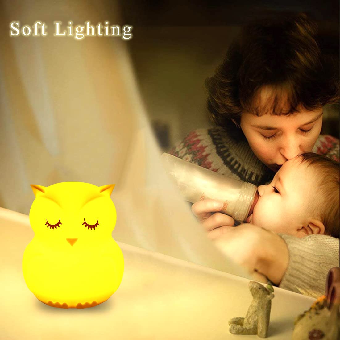 WHA&DARREN Large Owl Night Light for Kids,Cute Baby Night Light, Silicone Bedside Lamp, Sleep Lights, Eye Caring, Adjustable Bri