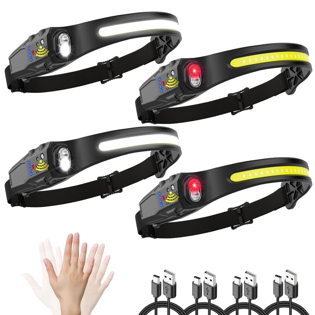 Headlamp Rechargeable 4Pack, Led Headlamp With Motion Sensor, 5Mode Headlamps For Adults, 230 Cob Wide Beam Headlight, Bright He