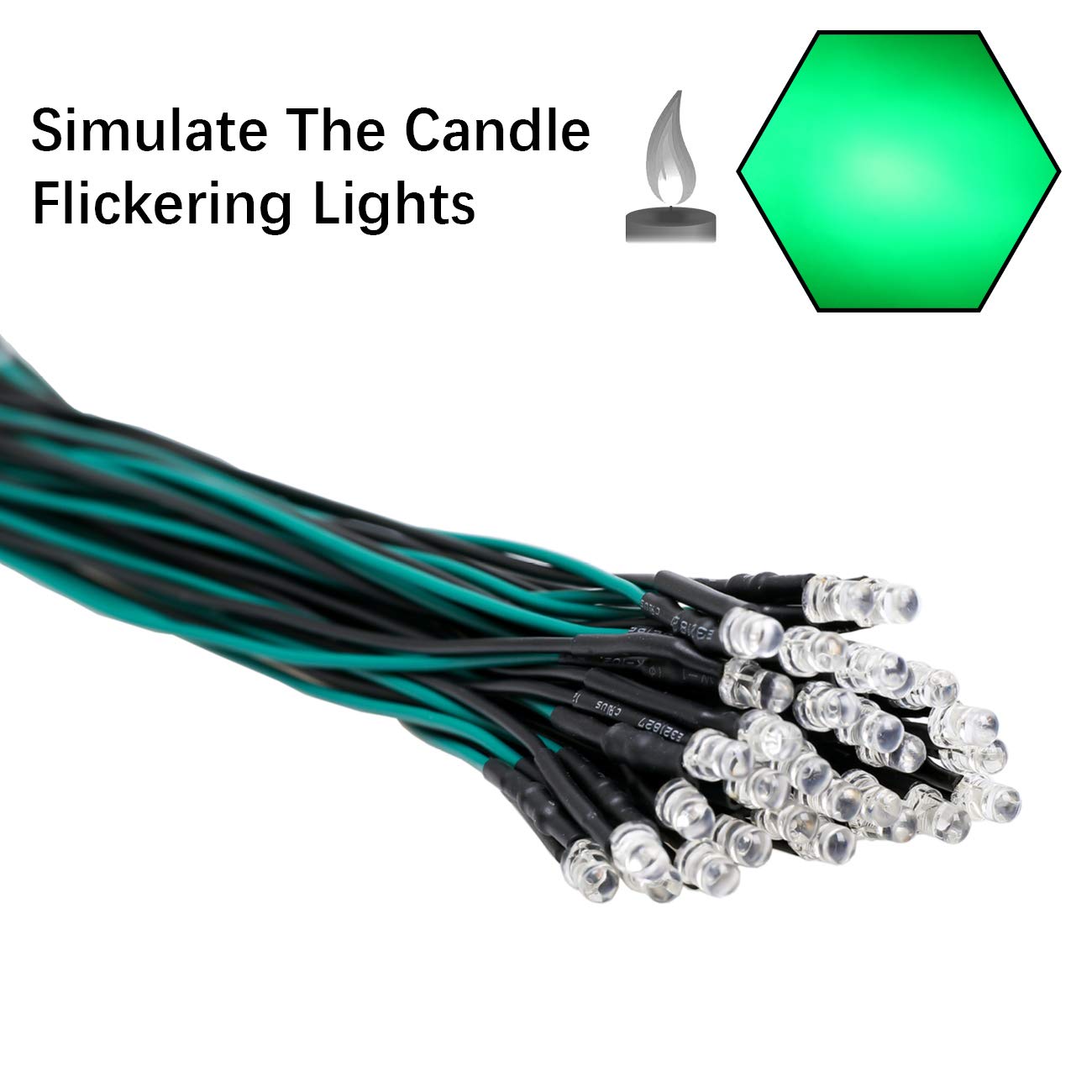 Edgelec 30Pcs 12 Volt 3Mm Green Flicker Led Lights Emitting Diodes (Candle Flickering Lights) Pre Wired 7.9 Inch Dc 12V Led Light Clear Lens Small Led Lamps