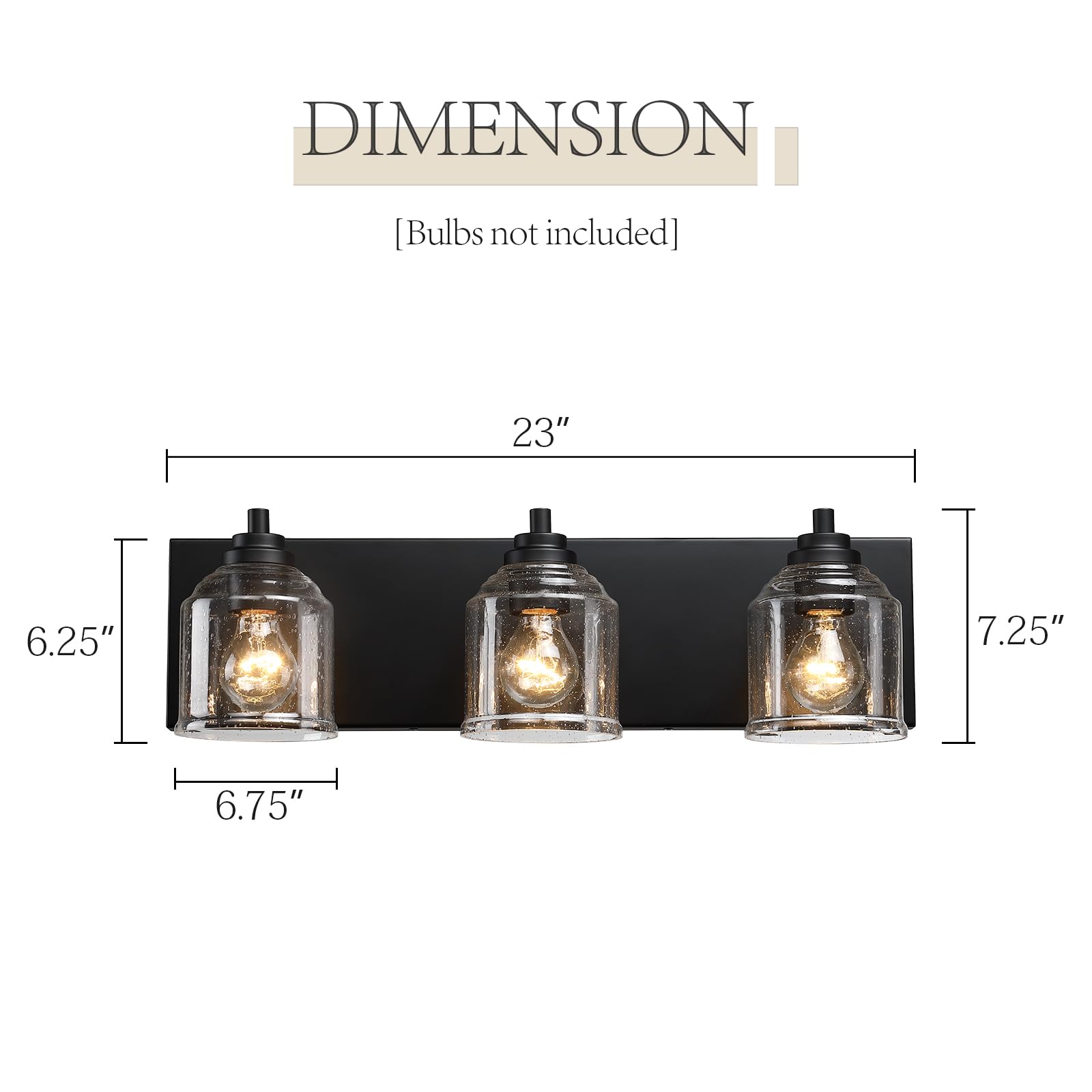 YKLITG 3-Light Farmhouse Bathroom Vanity Light, Black Metal with Bubble Glass Shades, Model BD005-3-MB