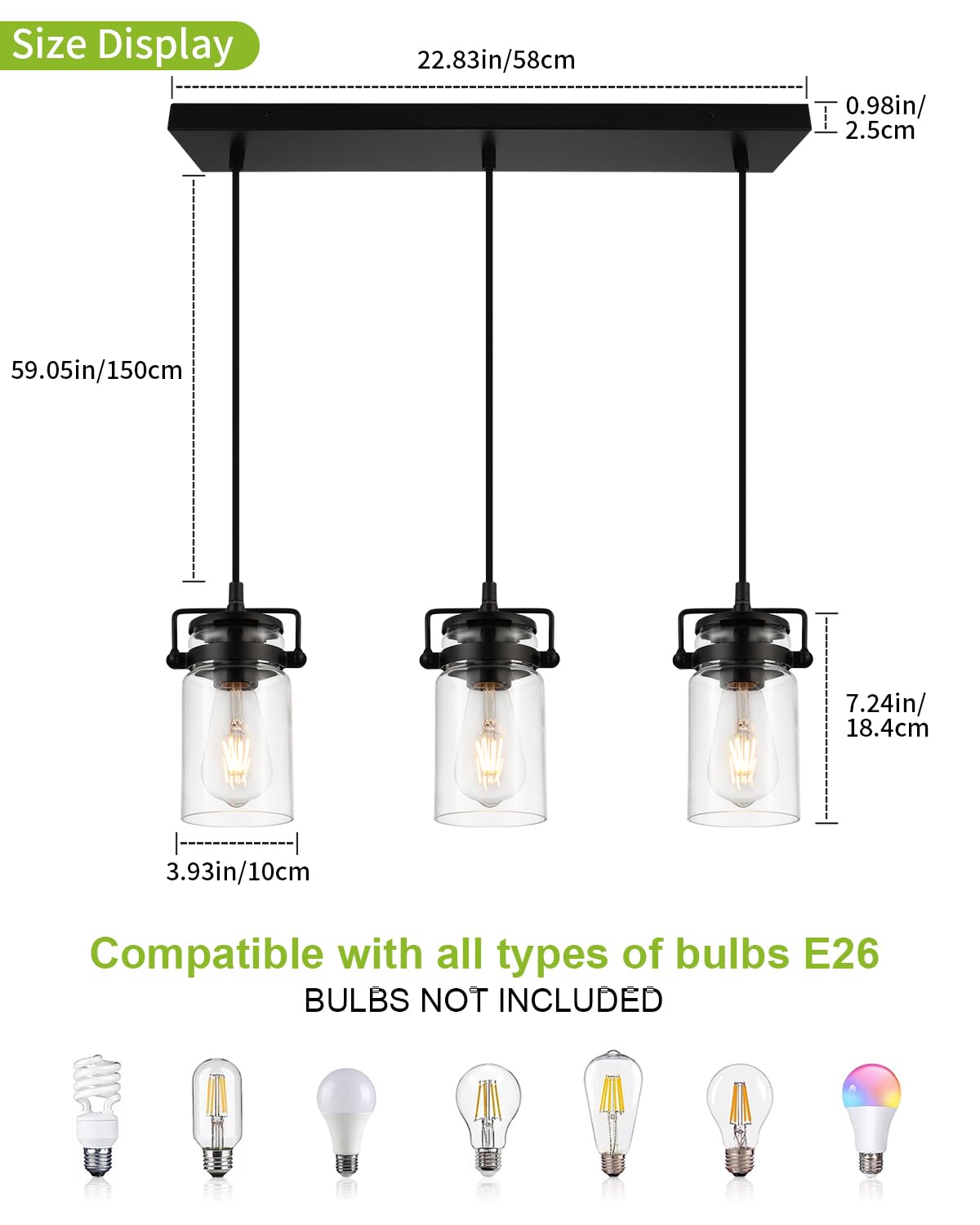 Pendant Lighting For Kitchen Island  Modern Glass Pendant Light Linear Chandelier For Dining Room Industrial Hanging  3 Light Fixture Adjustable Cord Farmhouse Ceiling Light Black Finish