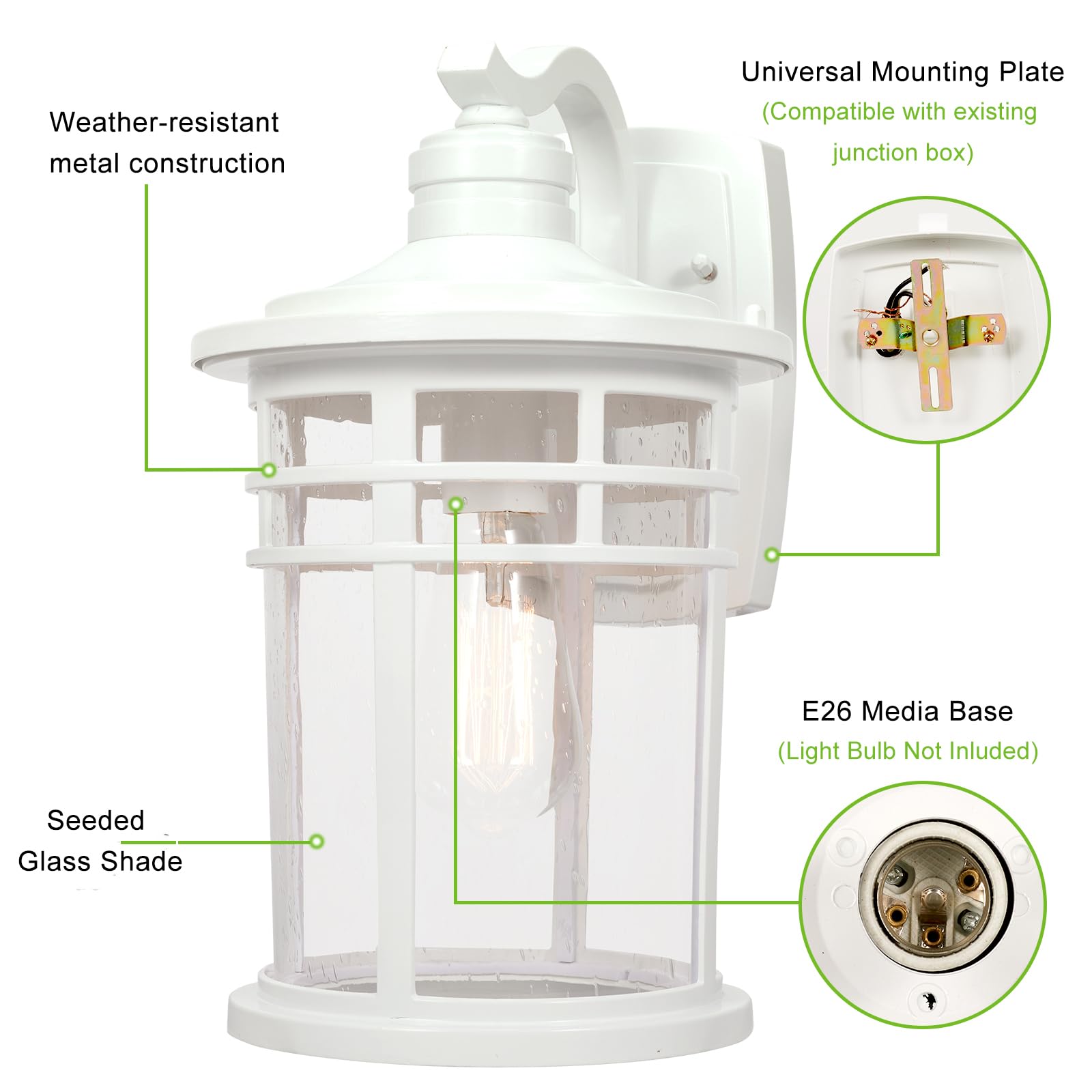 Darkaway Large Outdoor Wall Sconces - 15" Waterproof Seeded Glass Lights, White Aluminum, Model 6X20B-M WH for Patio, Yard, Garage
