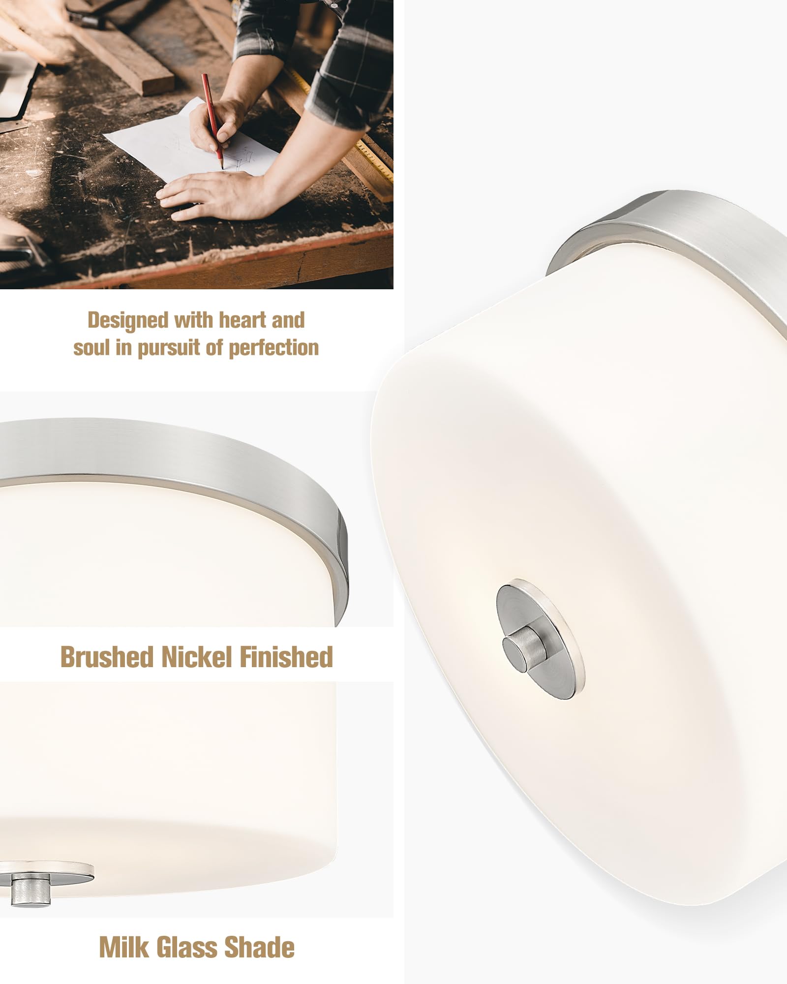 Emak Modern Brushed Nickel Ceiling Light Fixture With Milk Glass Shade, 2-Light, 11 Inch