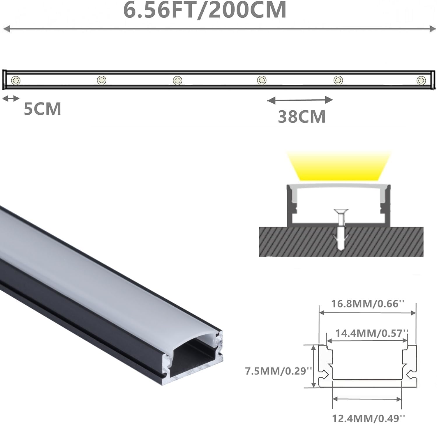 THMOOTHER LED Strip U Channel Diffuser, 6.56FT Matte Black Aluminum, Pre-Drilled Countersunk, Model DK-17.4B, 10-Pack