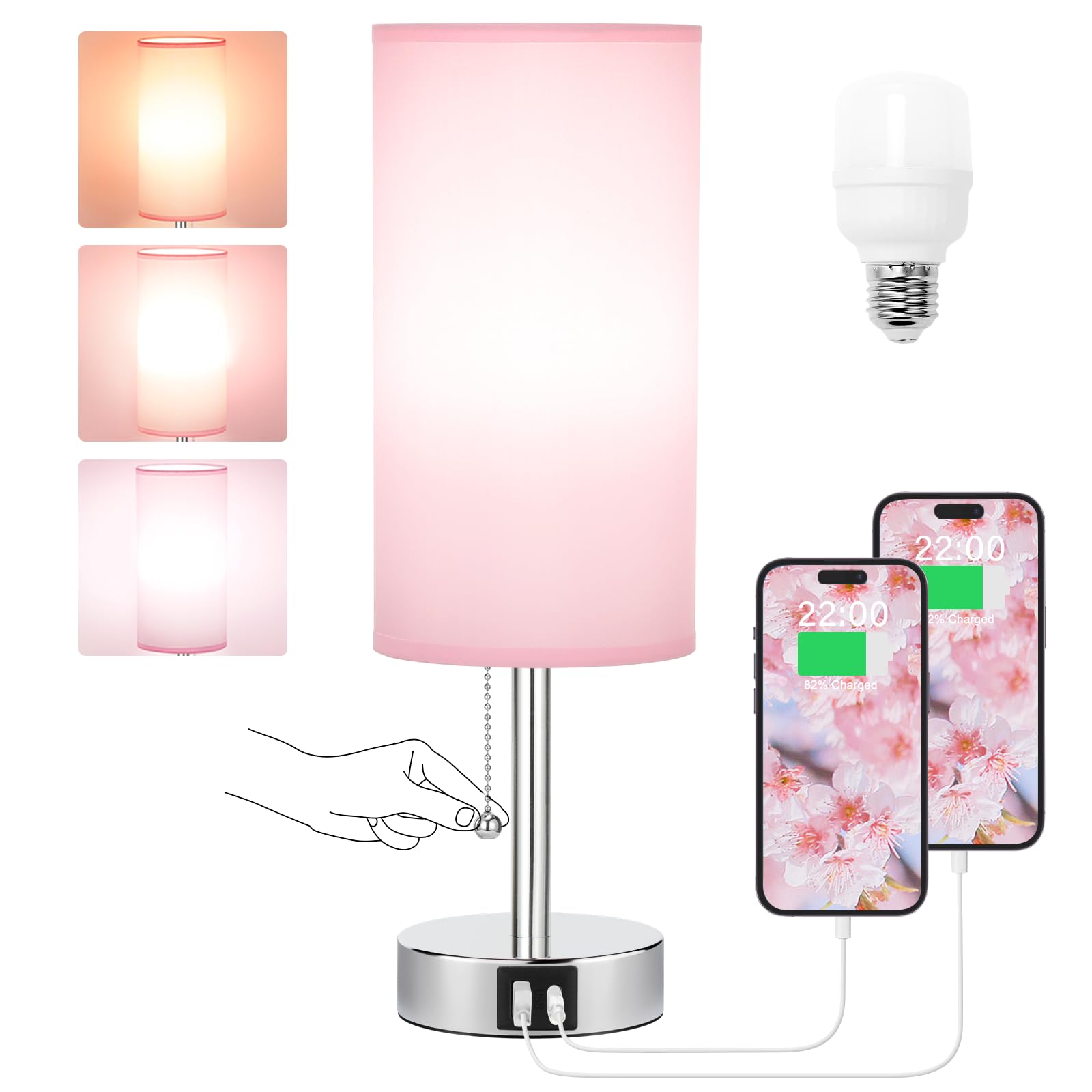 Hong-in Pink Bedside Lamp for Bedroom-Nightstand Lamp with 3 Color Modes with USB-C+A Charging Ports, 3000/4000/5000k Bedroom La