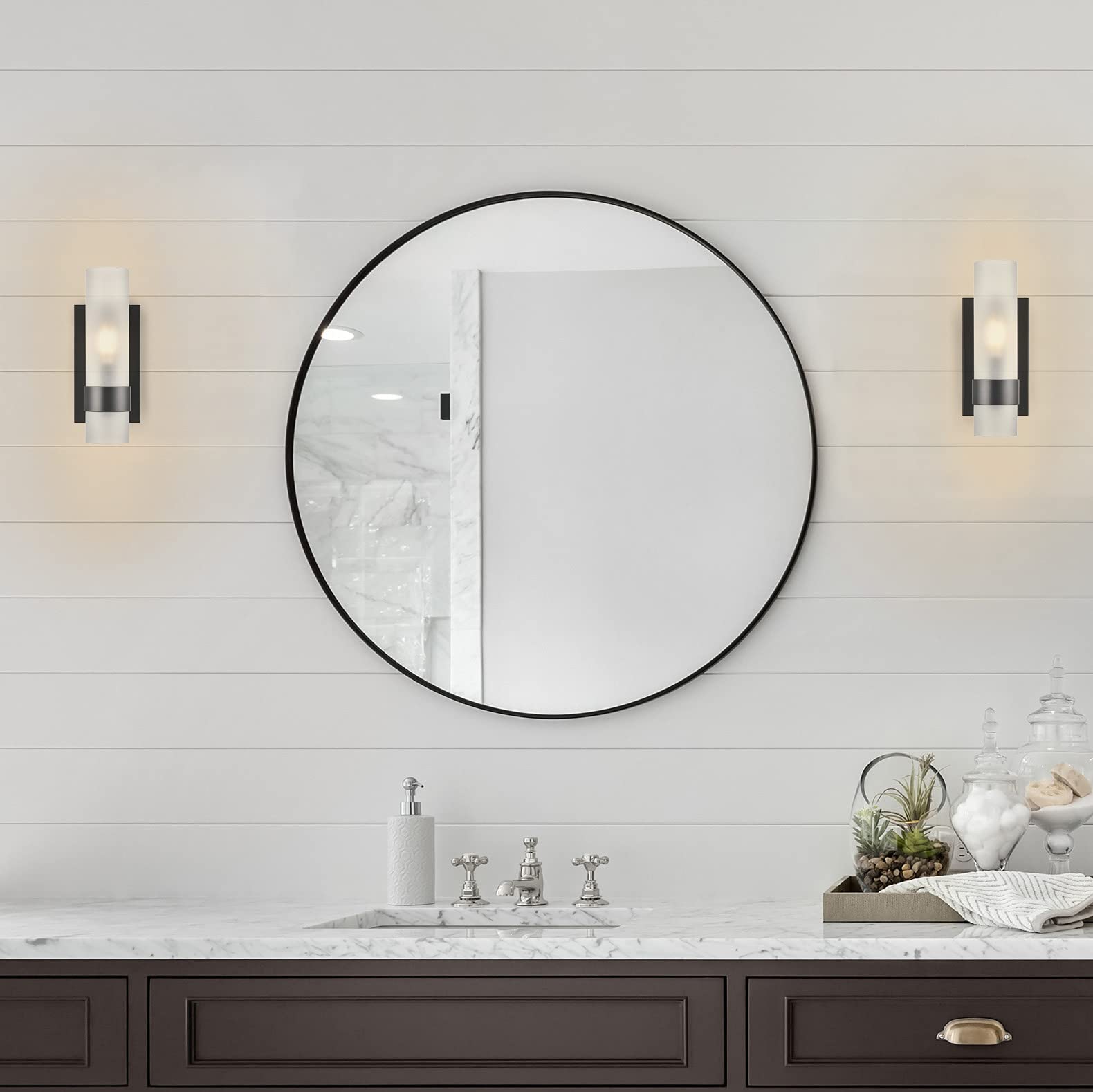 Linea di Liara Wall Sconce - Matte Black Metal Bathroom Light Fixture with Frosted Glass Shade, Model LL-WL354-FRS-5BLK