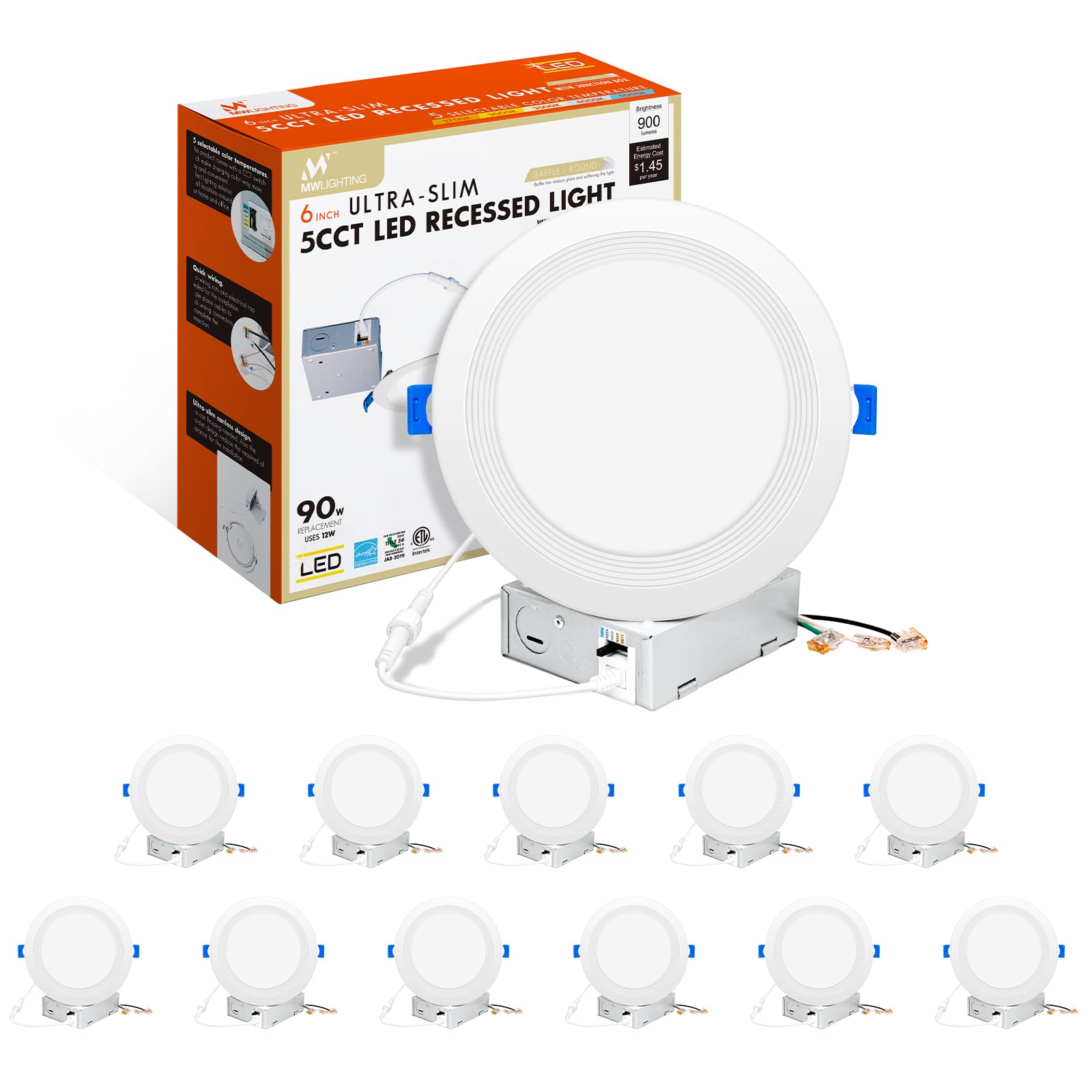 Mw 12 Pack 6 Inch 5Cct Ultra-Thin Led Recessed Ceiling Light With Junction Box, Dimmable Canless Light With Baffle Trim, 900Lm H