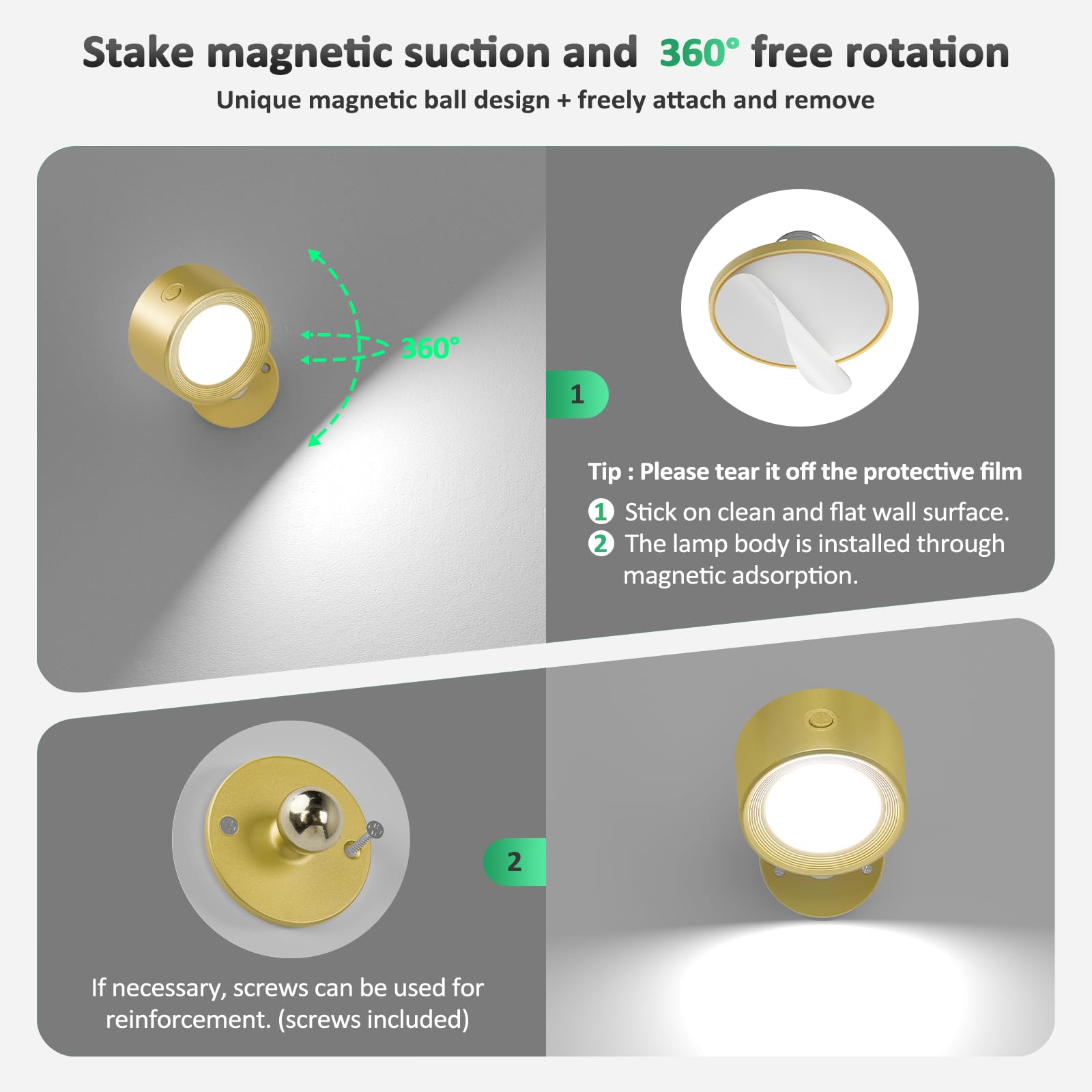 Lightbiz LED Wall Lights, 2 Pcs, Rechargeable, Dimmable, 3 Color Temperatures, Magnetic 360? Rotation, Gold, Model X120