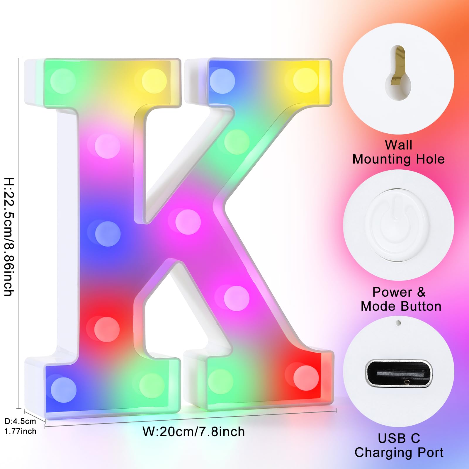 Mooncow Rechargeable Light Up Letters,Colorful Marquee Letters With Remote,Gift Wrap Gifts,Bedroom Home Bar Party Decor (K)