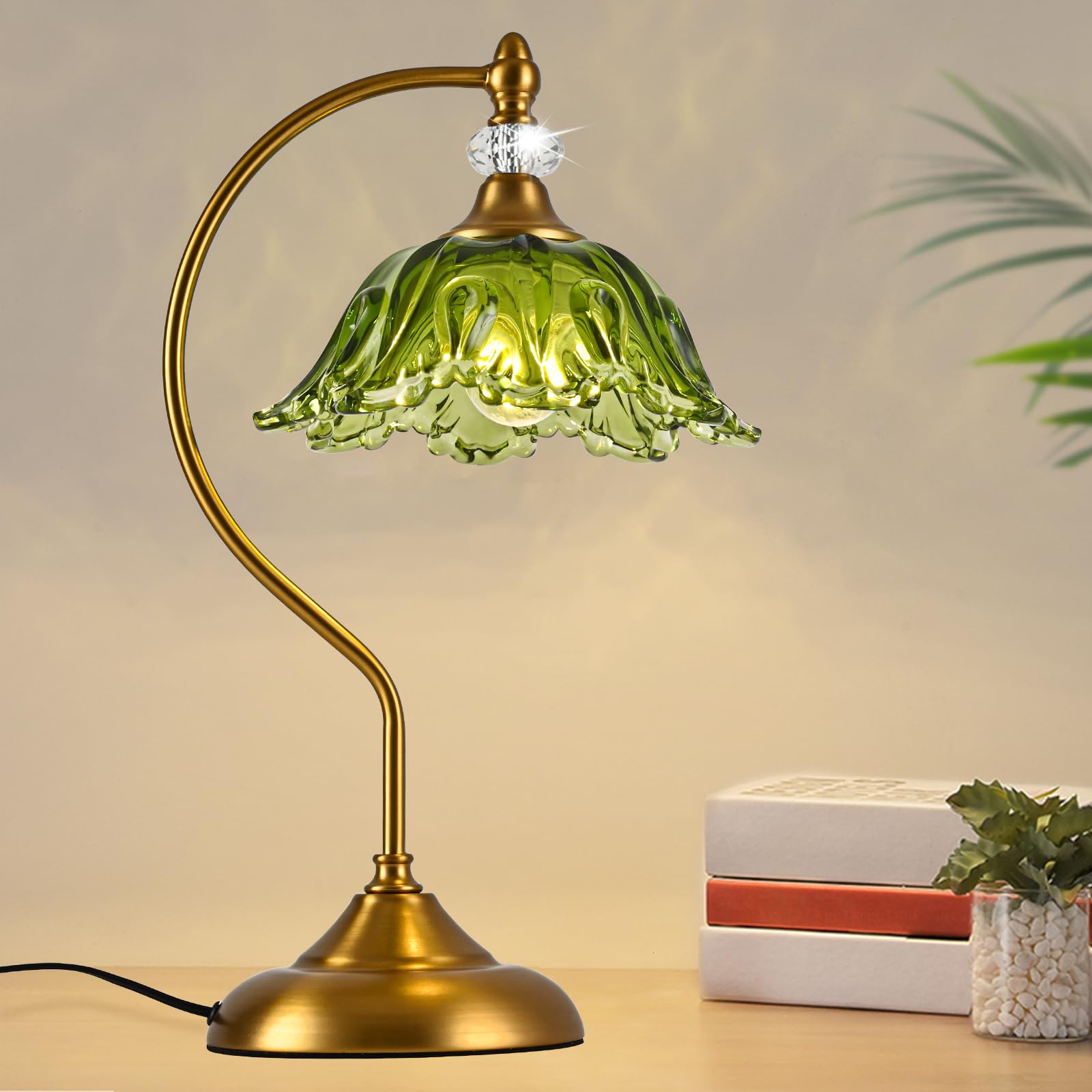 sunkryster Vintage Table Lamp with a Floral Green Glass Shade  A Plug-in Nightstand Lamp in Matte Brass Finish for Bedroom  Living Room  Office  and Desk
