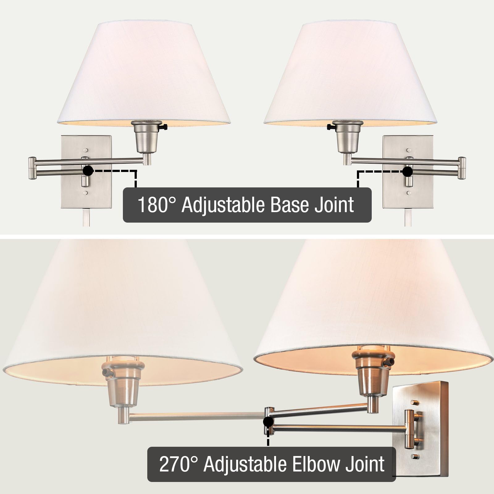 Kira Home Cambridge 15" Swing Arm Wall Lamp, Brushed Nickel, White Fabric Shade, Model RV-W227-489-BN-WT, Plug-in/Wall Mount