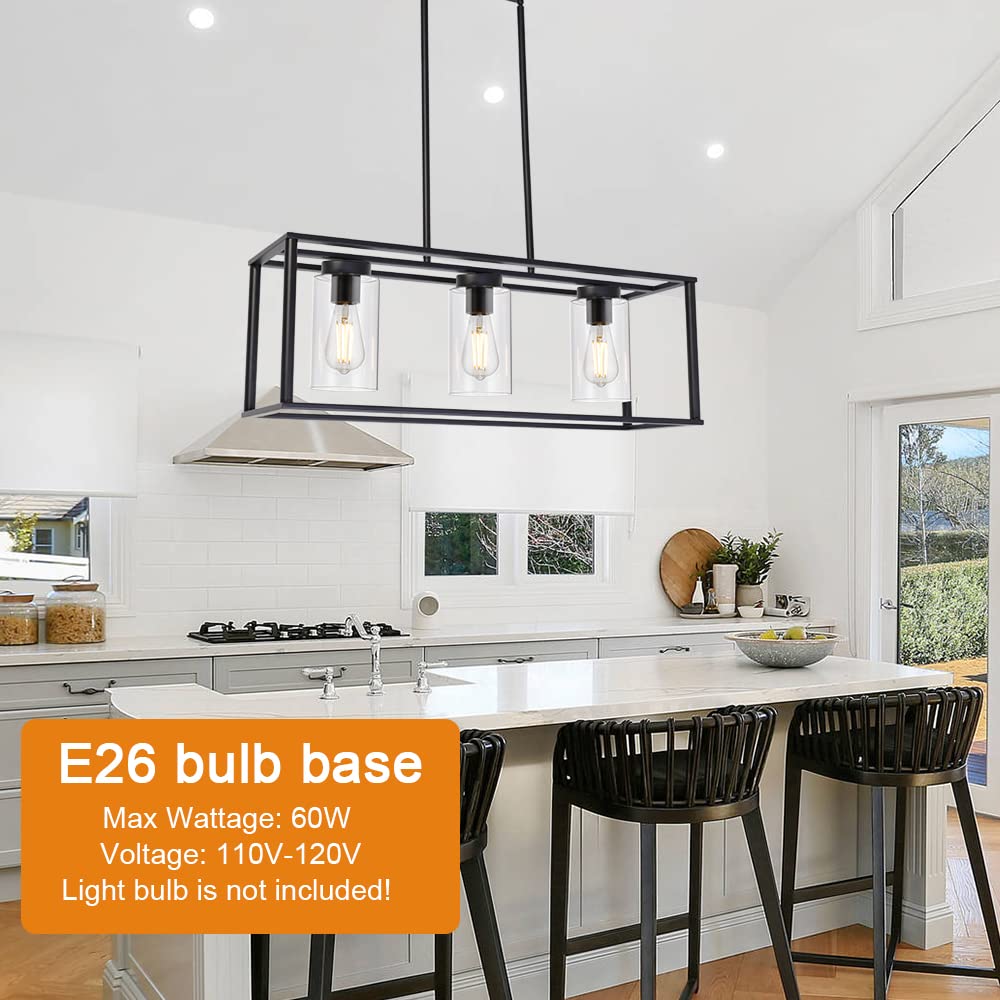 VINLUZ Black 3-Light Contemporary Chandelier, Metal Modern Pendant Lighting for Dining Room and Kitchen Island, Model 1811-3-11