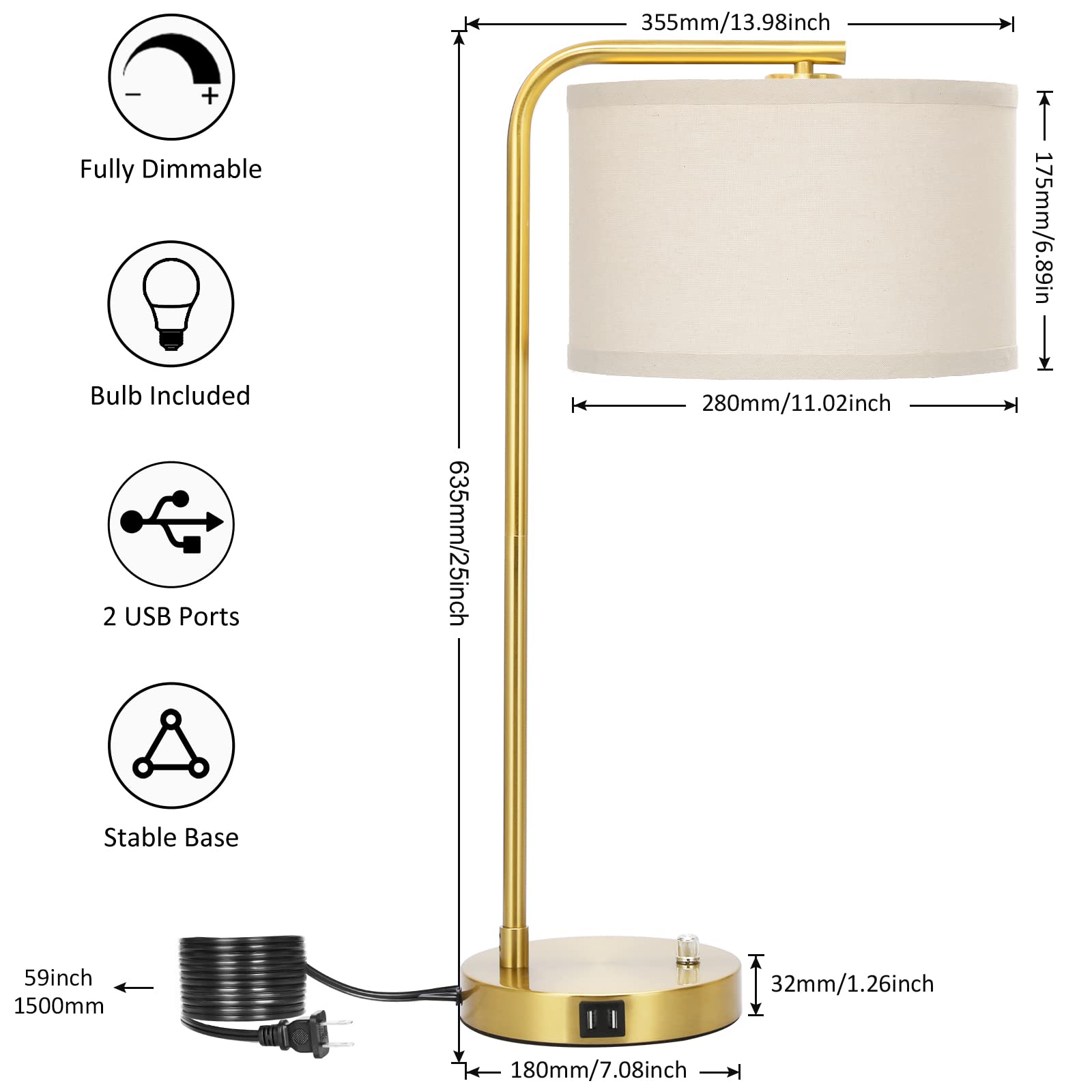 Fully Dimmable Bedside Lamp With Dual Usb Ports, Mordern Gold Nightstand Lamp Desk Reading Lamp With Beige Drum Shade, Tall Side
