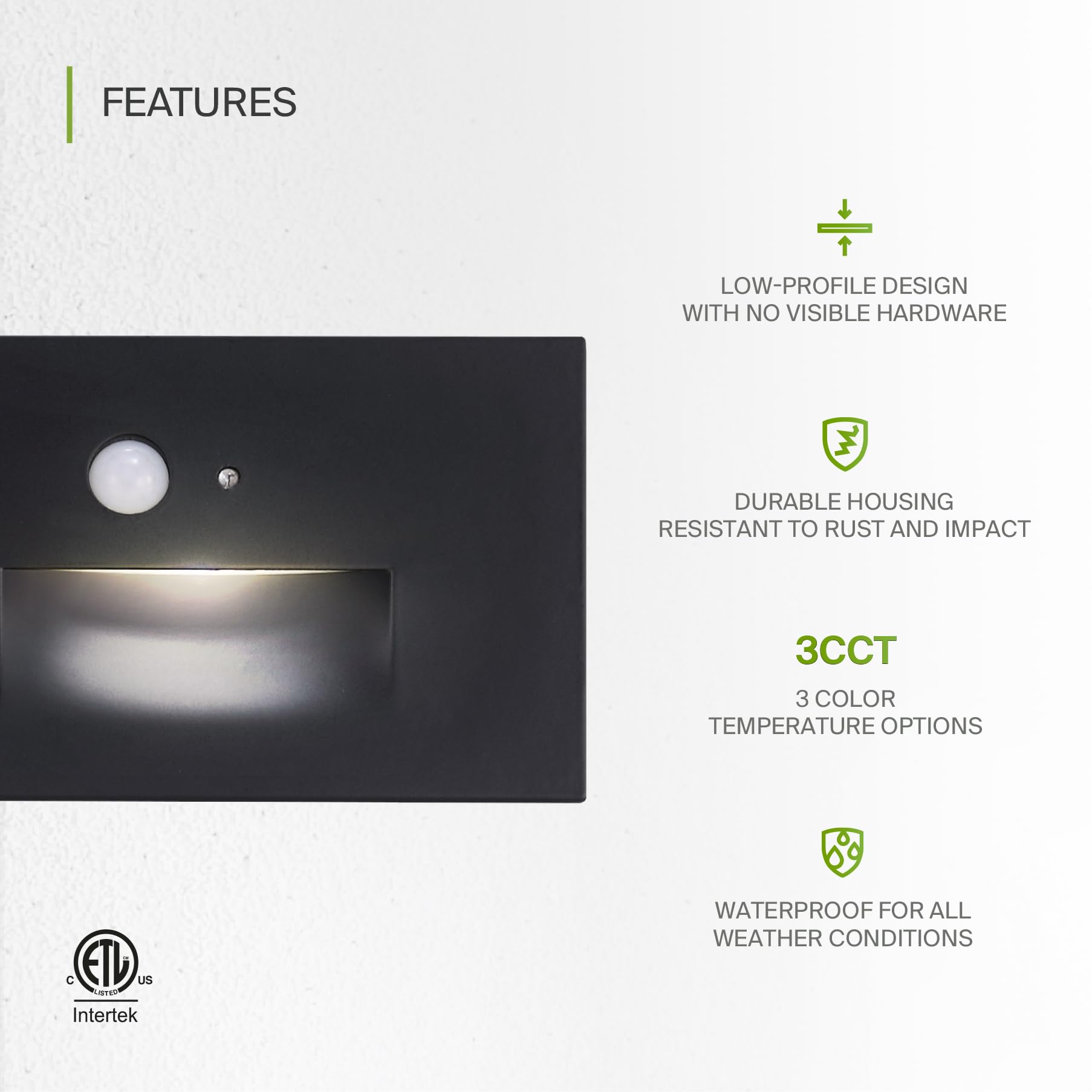 ASD LED Recessed Step Light Fixture, 3W 120LM, 3000K-5000K, Photocell & Motion Sensor, Black, 4 Pack