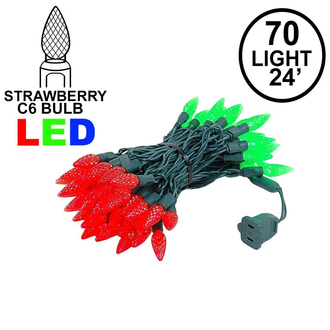 Novelty Lights C6 LED Christmas Mini Light Set, 70 Lights, Commercial Grade, 24 Feet, Red/Green, Green Wire, Model CGC670-G-RE/GR
