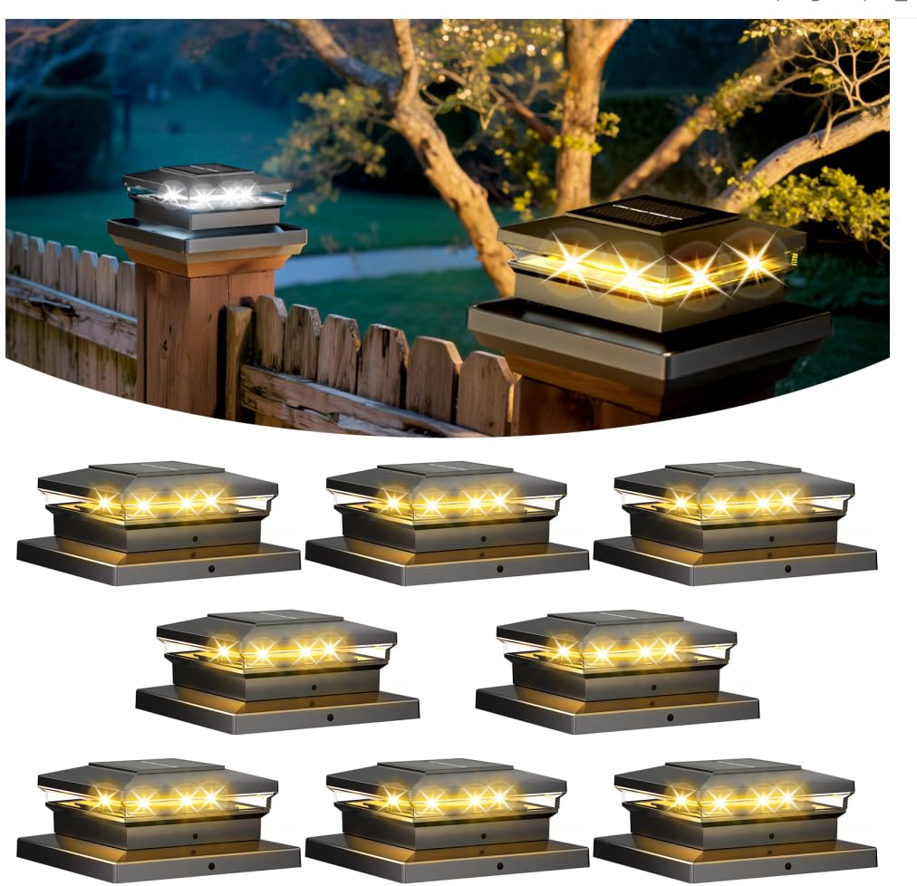 Solar Post Cap Lights,Fence Post Solar Lights 8 Pack, Waterproof Outdoor Light for Garden Deck Patio, Black Deck Posts Light wit