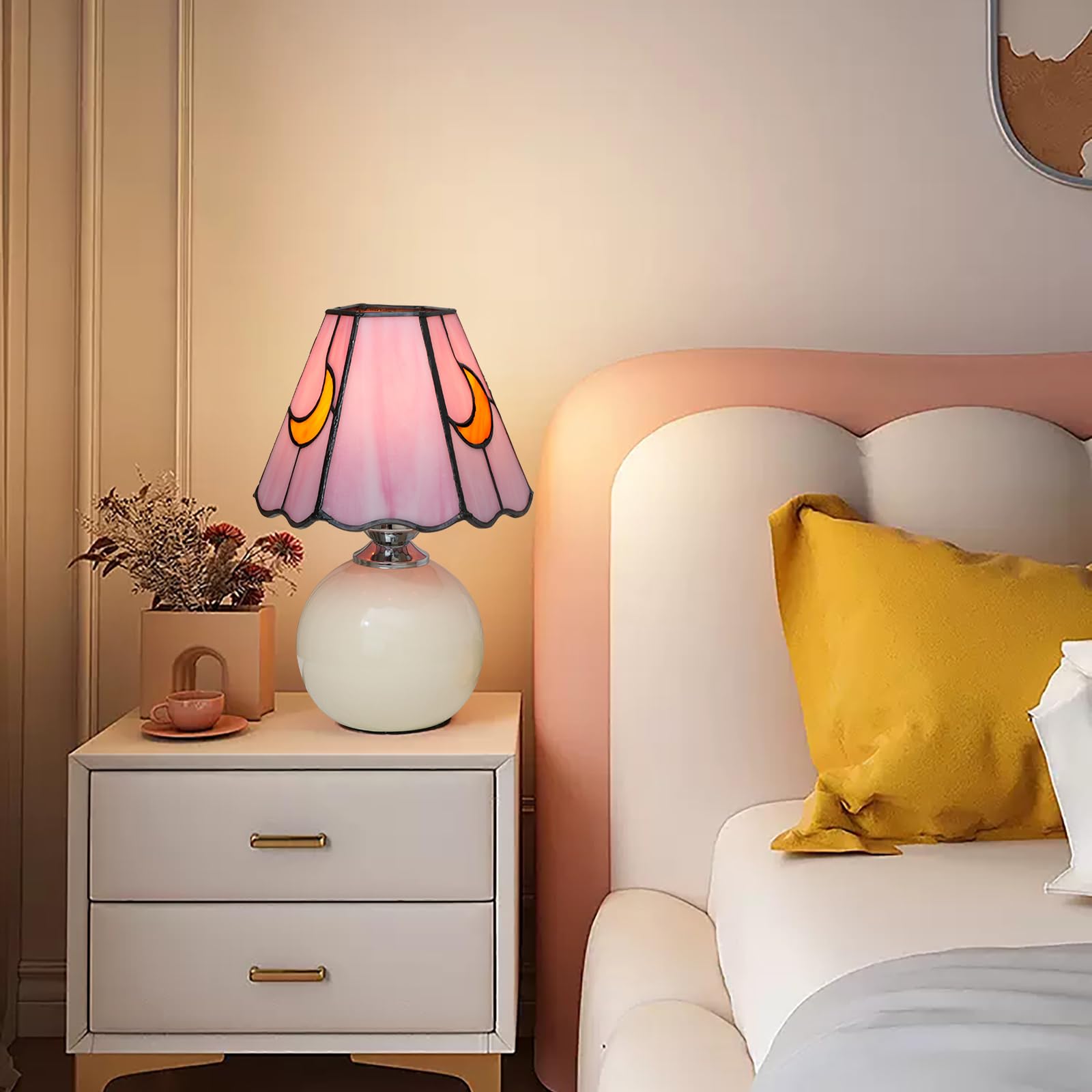 KIPHEPI Mushroom Lamp - Stained Glass Moon Lamp, Pink Cute Nightstand Table Lamp, E26 Bulb Included, Model OFU1145
